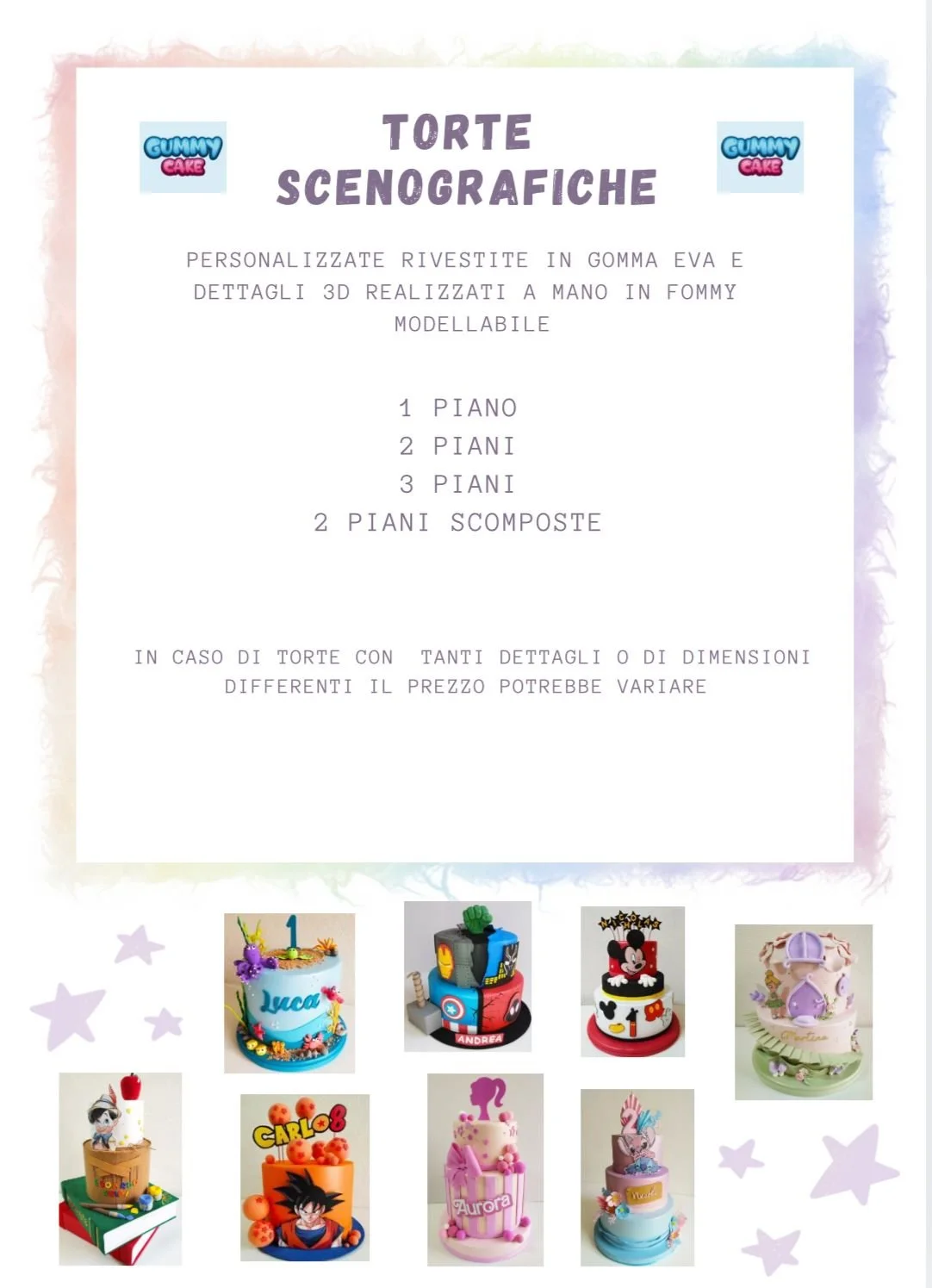 Scheda informativa sulle torte scenografiche, con immagini di diverse torte decorate e personalizzate a tema cartoni animati e personaggi dei fumetti.