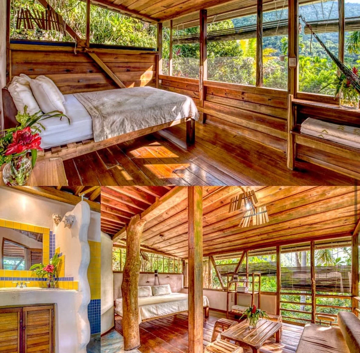 A cozy, rustic wooden cabin bedroom with large windows revealing lush green nature outside, featuring simple bedding and decorative plants, and a shared indoor living area with wooden furniture, a colorful tiled bathroom mirror, and natural wood acce