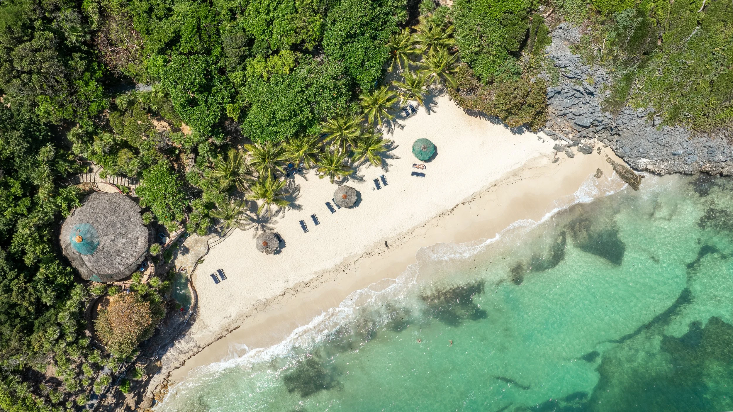 An aerial view of a tropical beach with white sand, clear turquoise water, palm trees, lounge chairs, and thatched umbrellas.