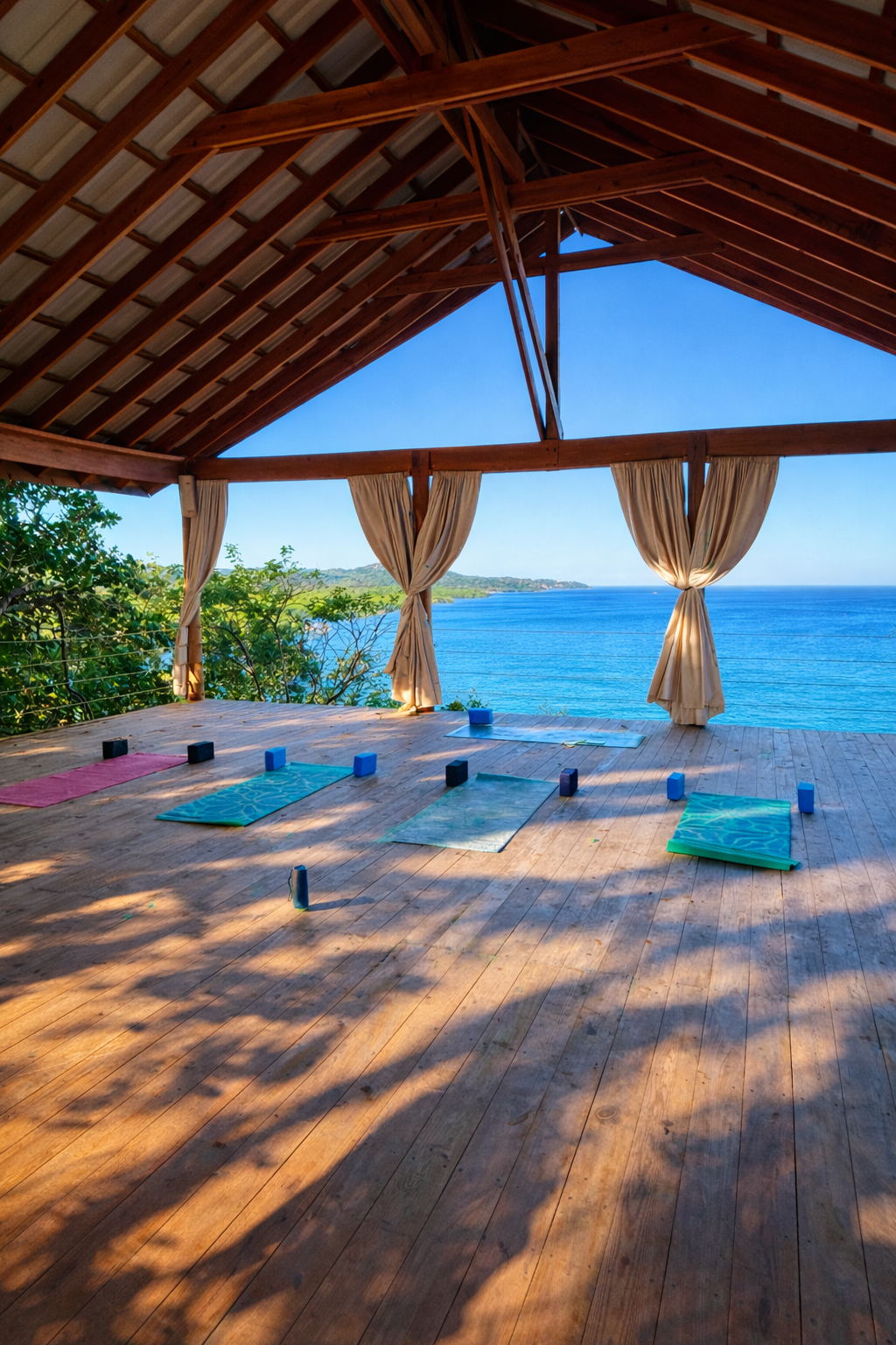 Open-air wooden yoga deck overlooking ocean, with four yoga mats and blocks, surrounded by greenery, under a wooden roof with curtains.