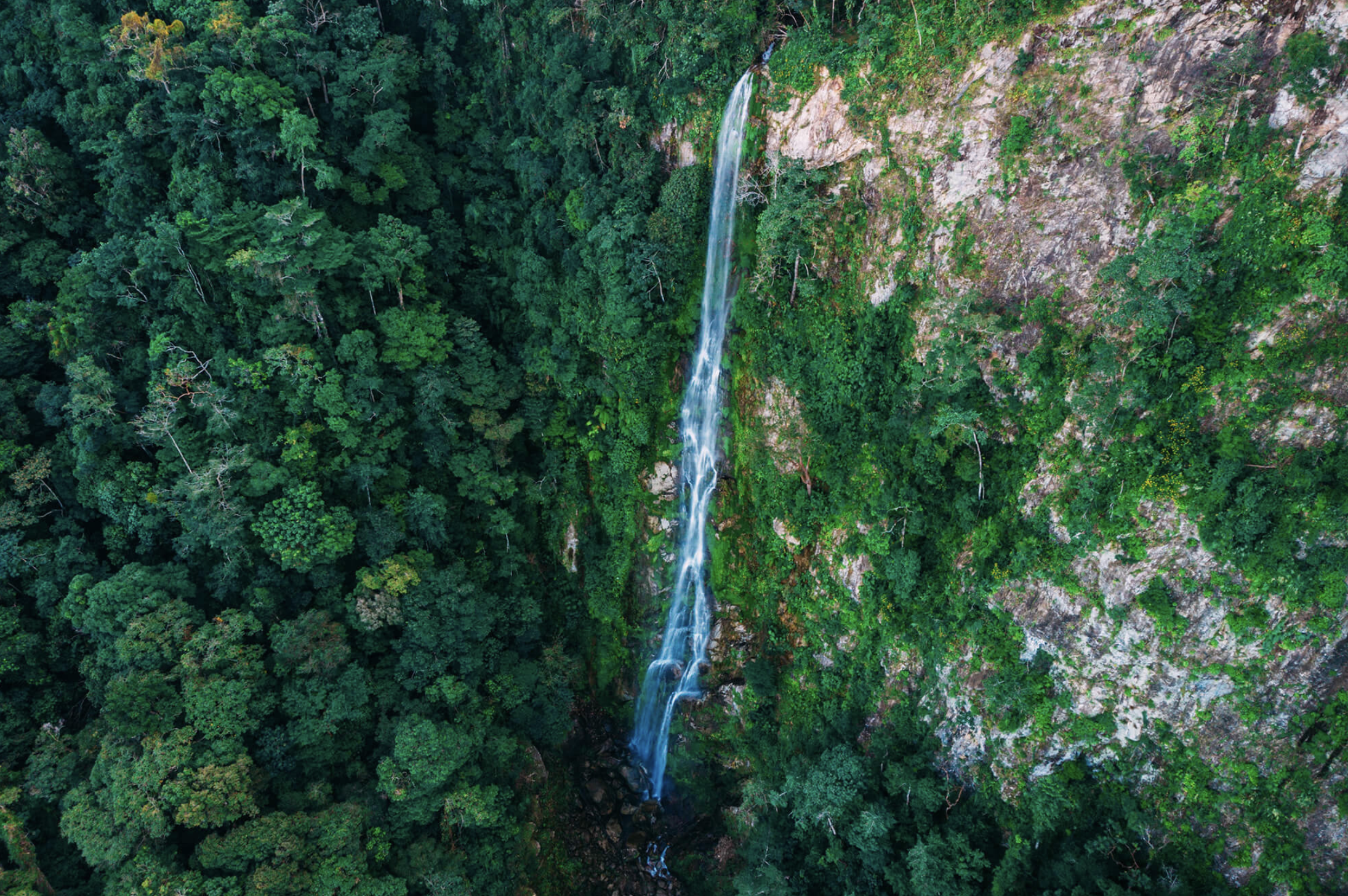 An aerial view of a tall, narrow waterfall flowing down a mountainside covered in lush green forest.