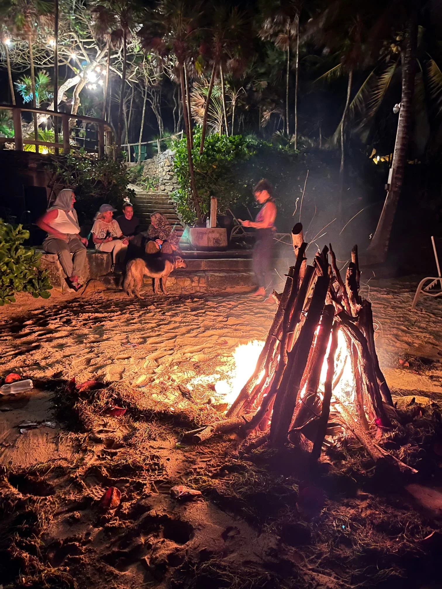 People sitting on benches and standing near a bonfire on a sandy beach at night, with tropical trees in the background.