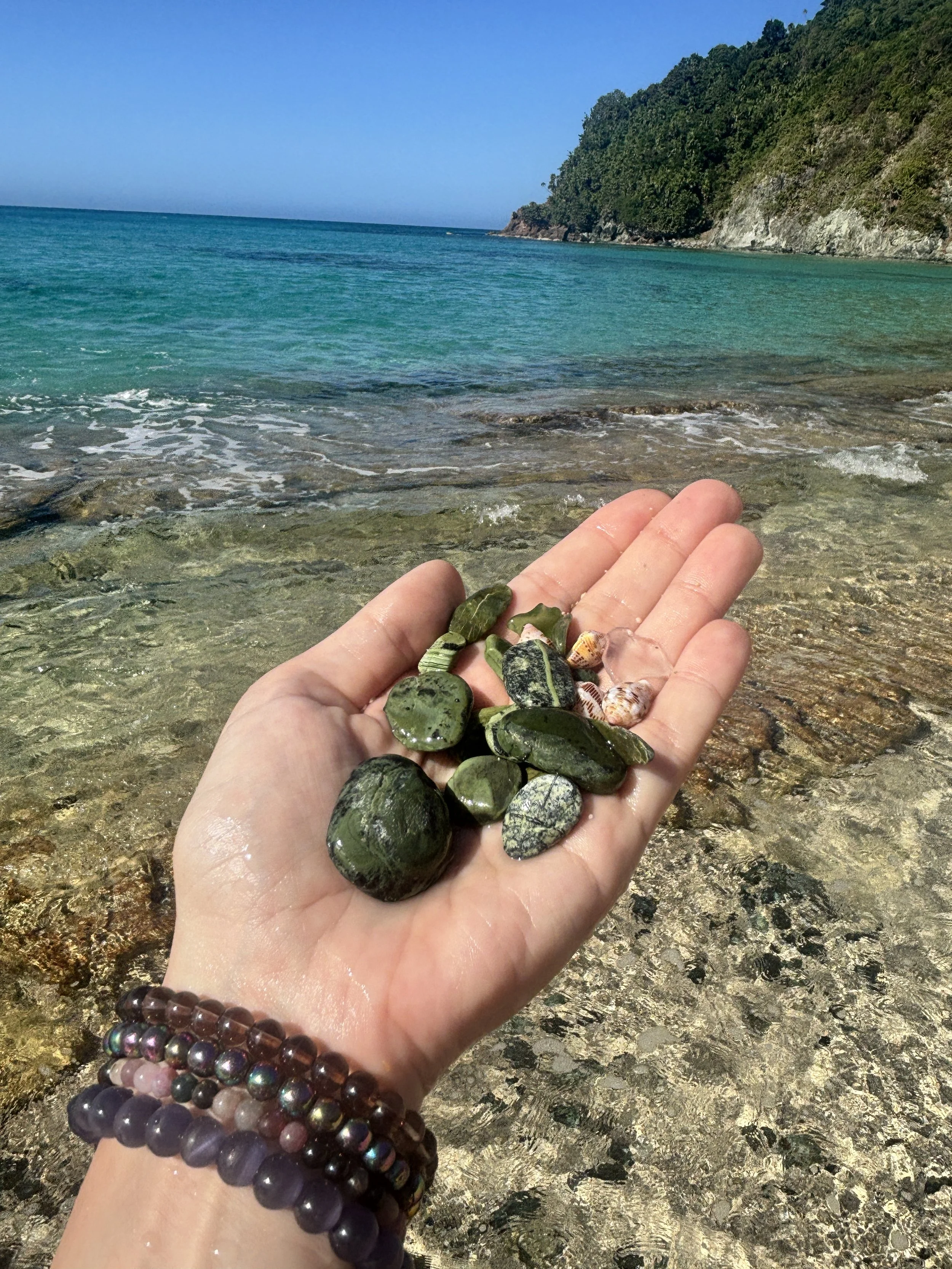 A person holding a handful of sea shells and smooth stones by the ocean, with a sandy beach, turquoise water, and a green hillside in the background.