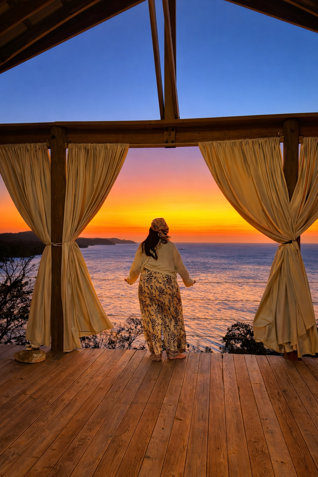 A woman stands on a wooden deck, looking out at a sunset over the ocean through an open framed view with curtains on either side.