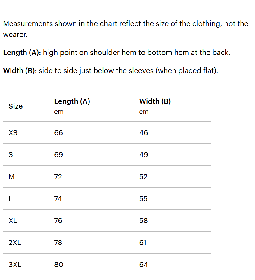 Size chart with measurements for clothing, including lengths from shoulder hem to bottom hem and side width below sleeves, in centimeters for sizes XS to 3XL.  For Cocktail Cartels Merchandise