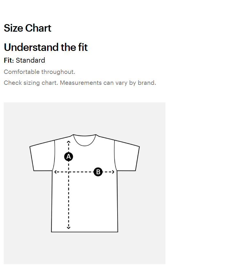 Graphic size chart for a T-shirt showing measurement points labeled A for sleeve length and B for chest width. For Cocktail Cartels Merchandise