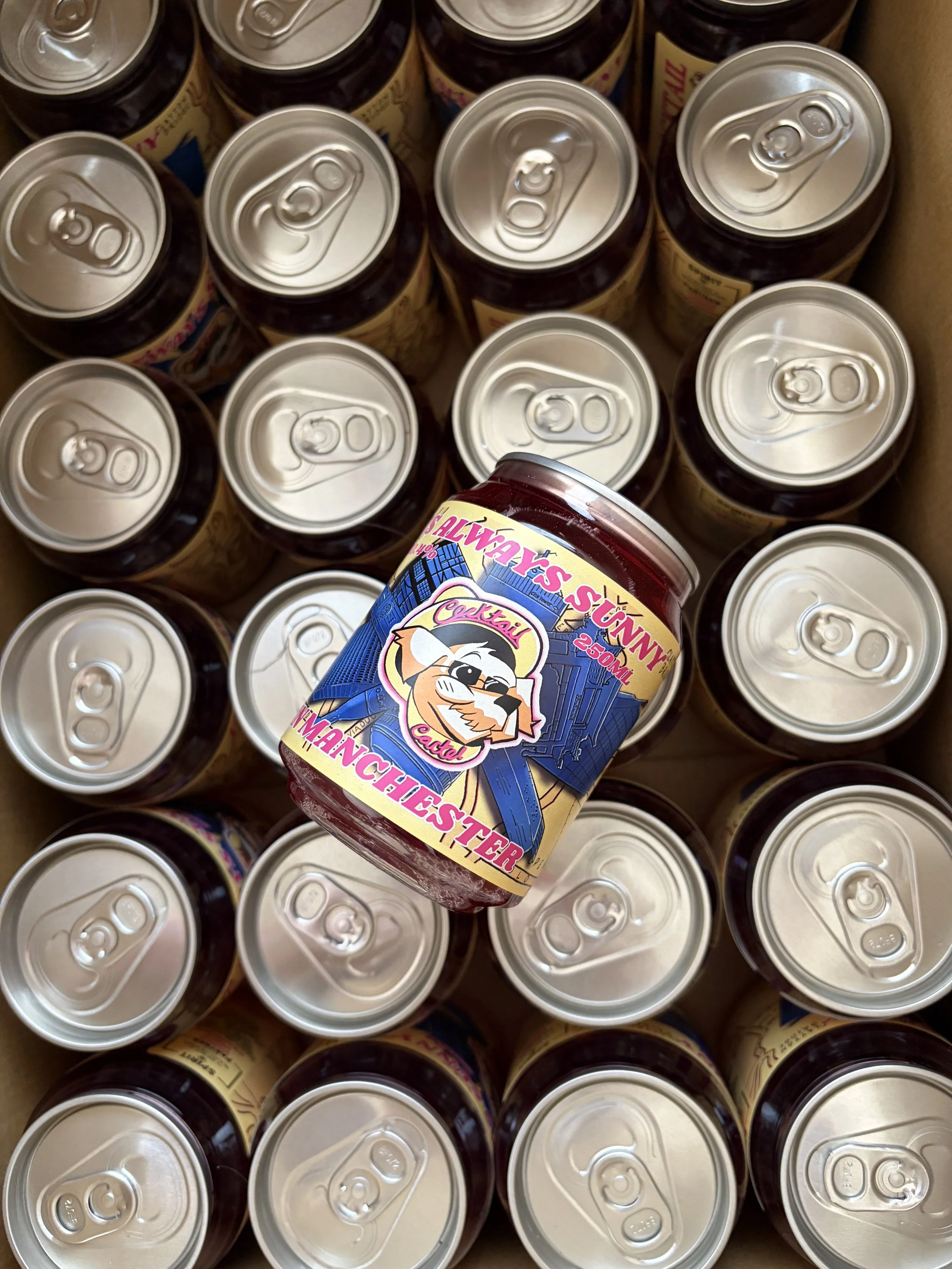Top view of canned cherry ale beer, with one labeled bottle surrounded by unopened cans in a cardboard case