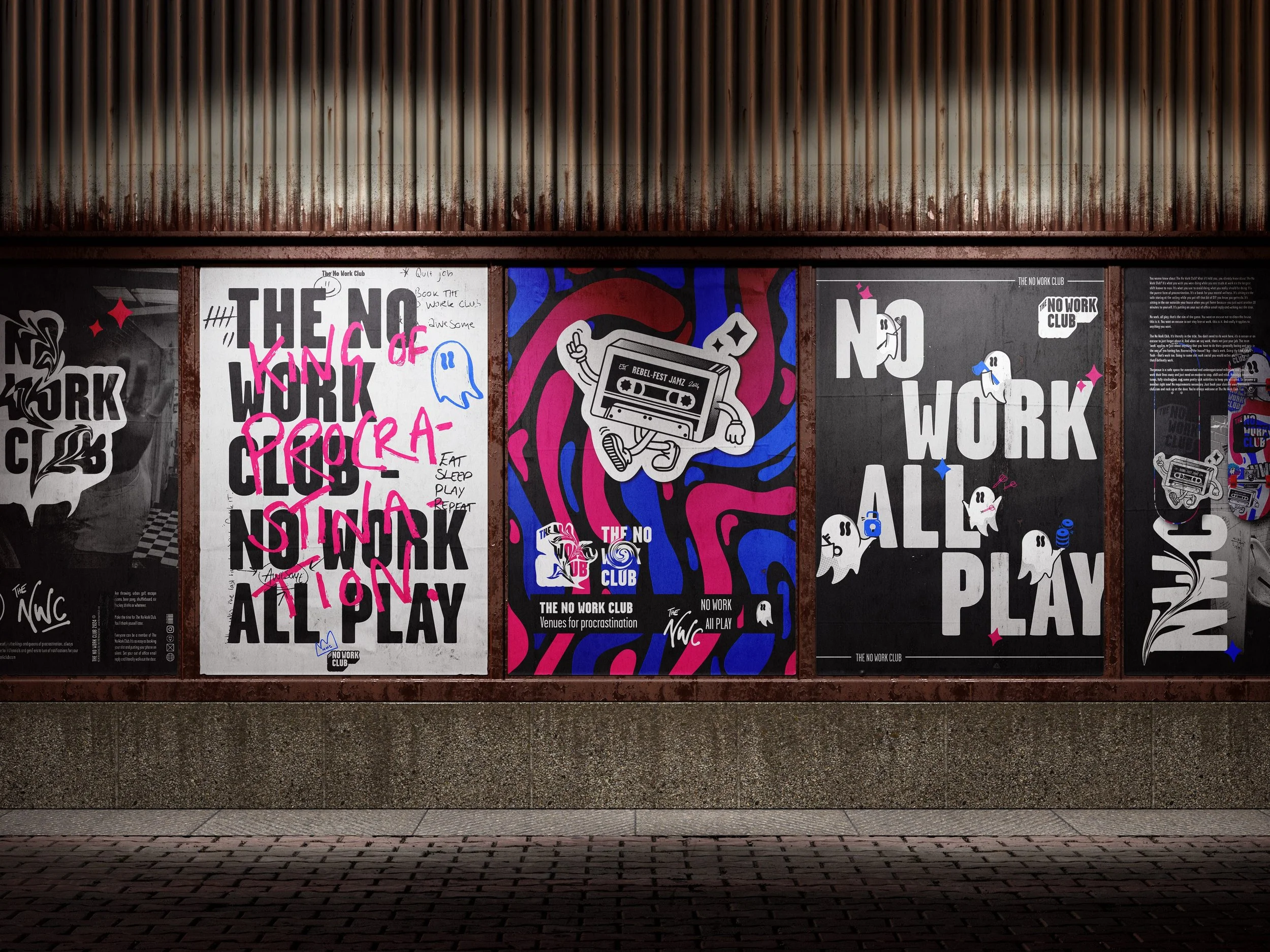 A collection of posters designed for the brand The No Work Club multi activity gaming venue - used to decorate the venue