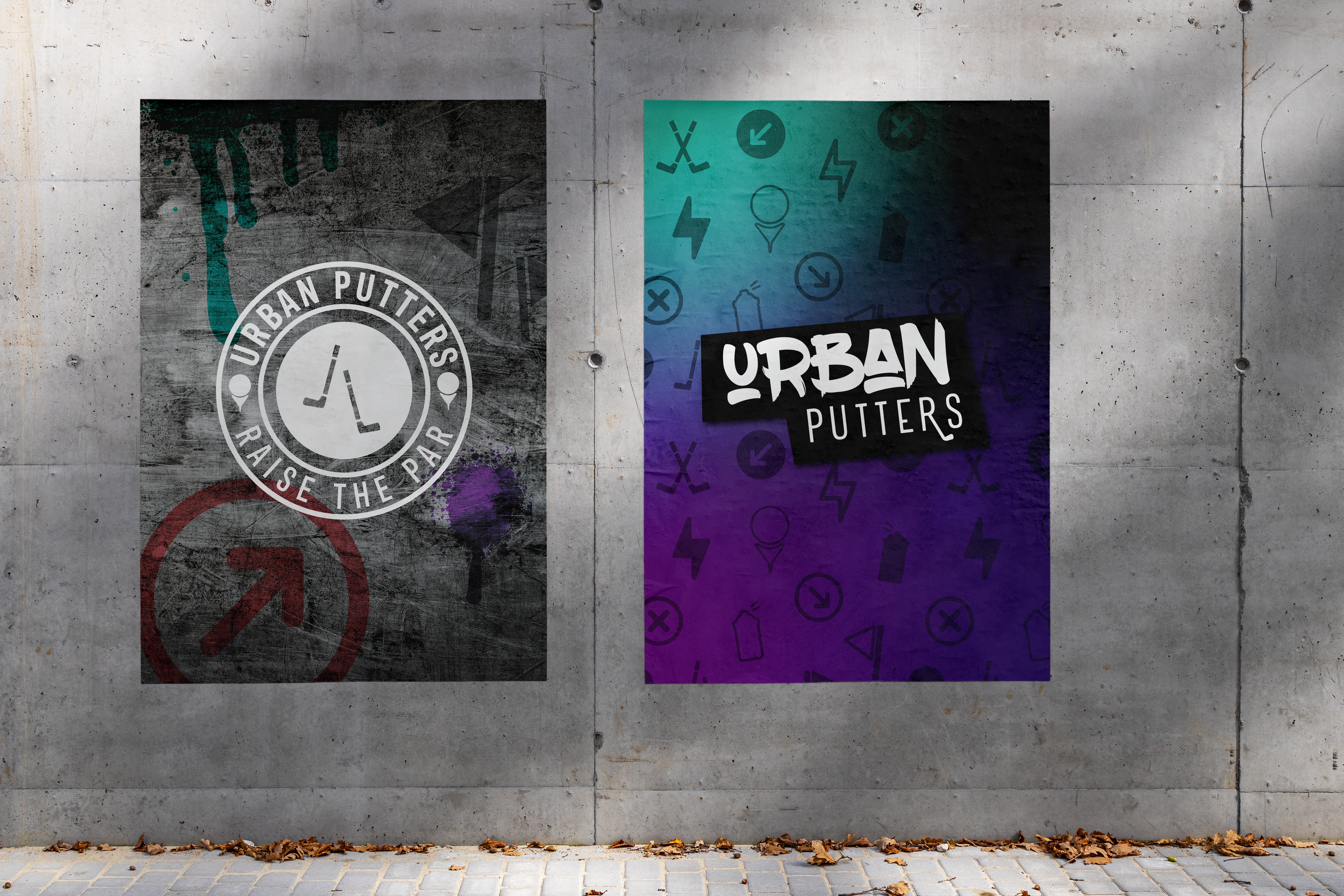 Mockups of posters designed for Urban Putters and used to decorate the golf holes and venue
