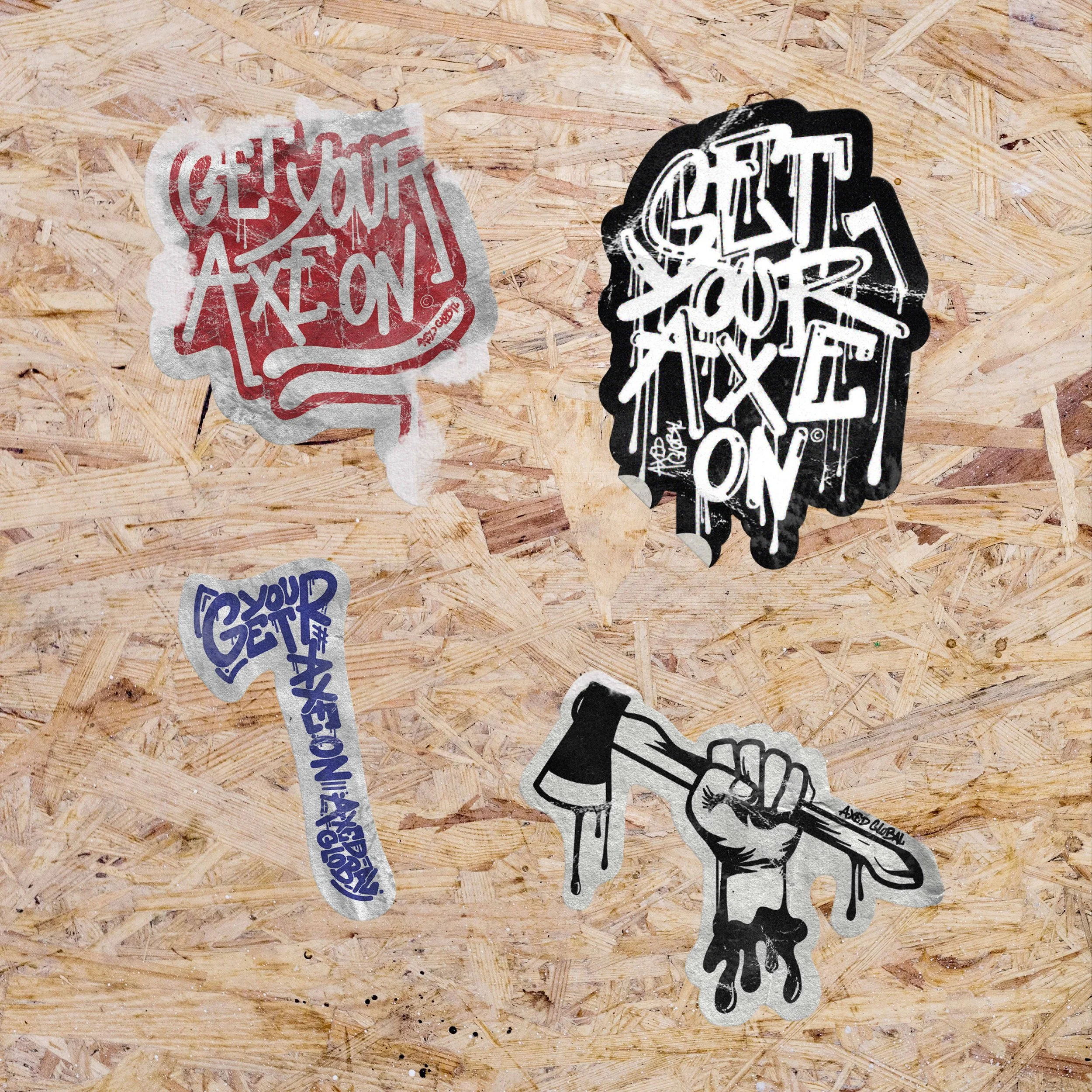 Mockups of merchandise stickers for Axed Global venues