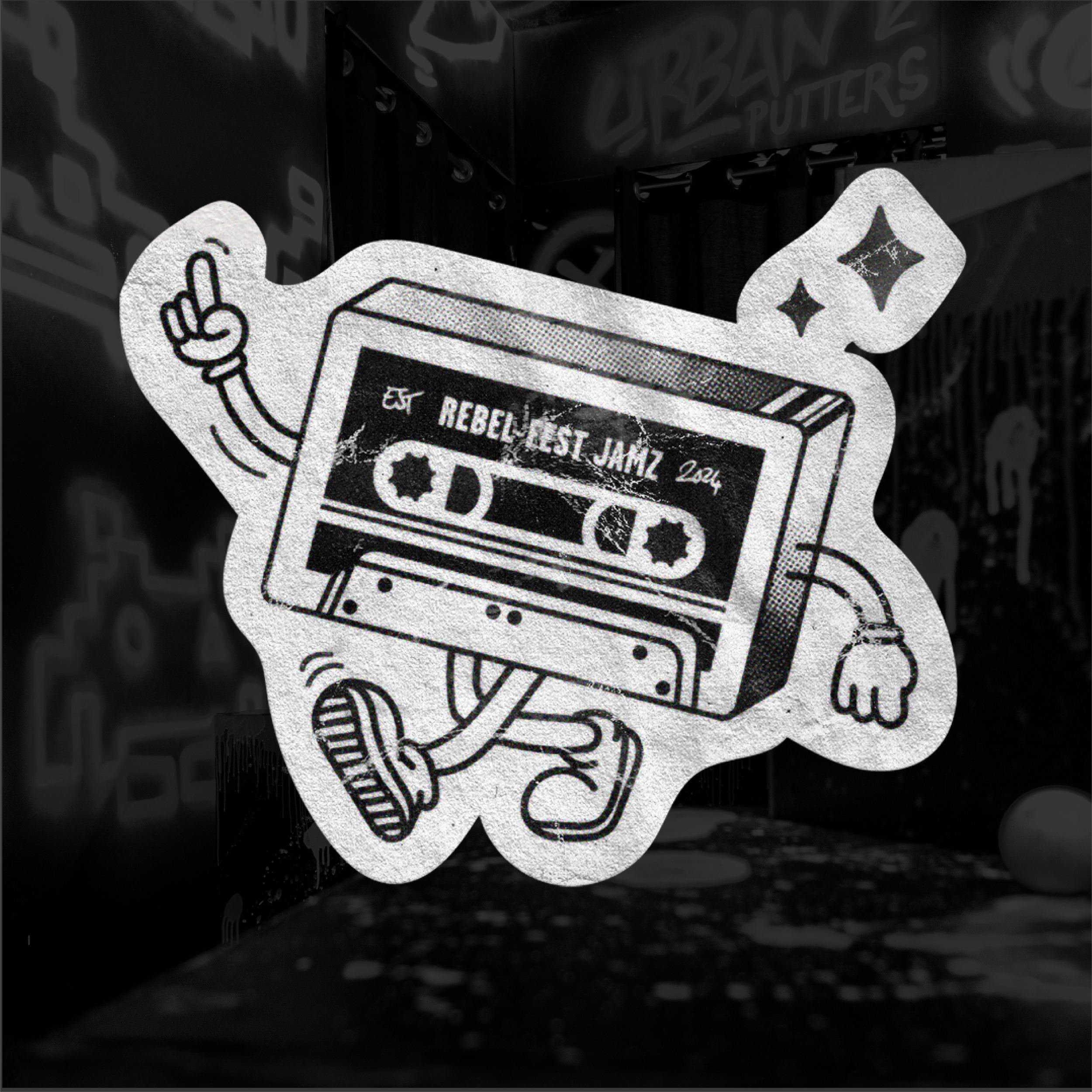 A sticker mockup of merchandise stickers design for The No Work Club merch line