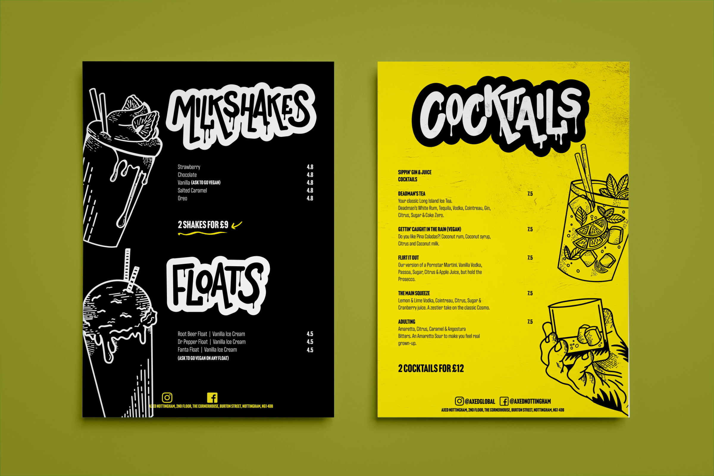 Mockups of milkshake, floats and cocktail menus in Axed Nottingham venue, including hand drawn illustrations by Rogue State