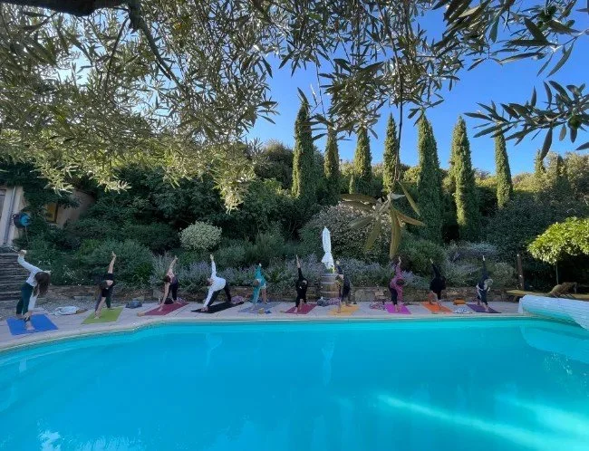 Group of people practicing yoga on colorful mats by a swimming pool in a garden with tall trees and lush greenery.
