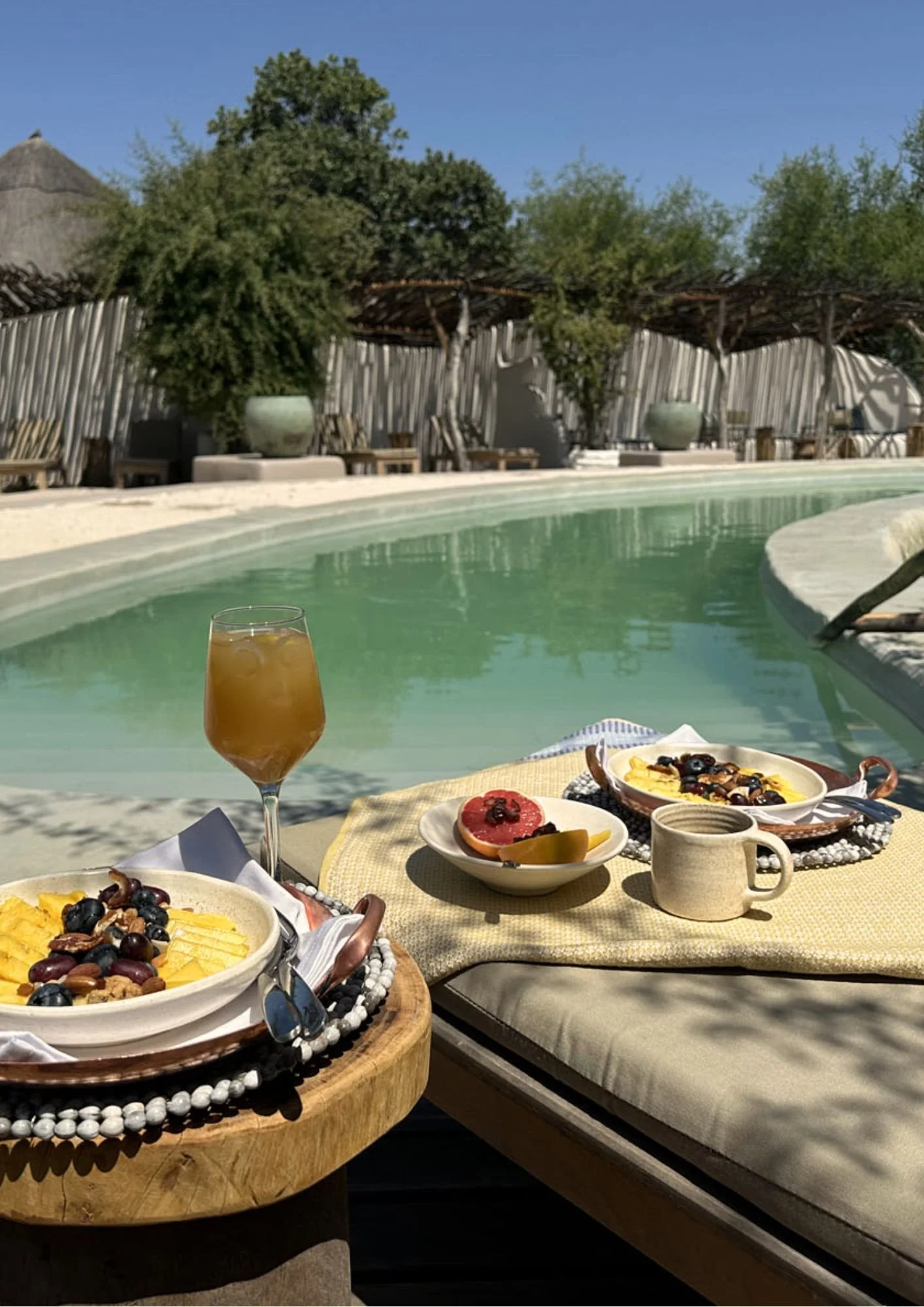Breakfast by a swimming pool with bowls of fruit, a glass of iced coffee, and a cup, set on a cushioned lounge chair in a sunny outdoor area with trees and a wooden fence in the background.