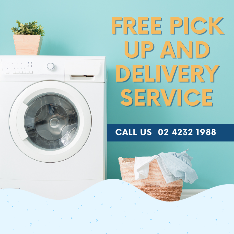 A white washing machine next to a basket filled with laundry, with a plant on top of the washing machine, against a light blue wall, advertising free pick-up and delivery service with a contact number.