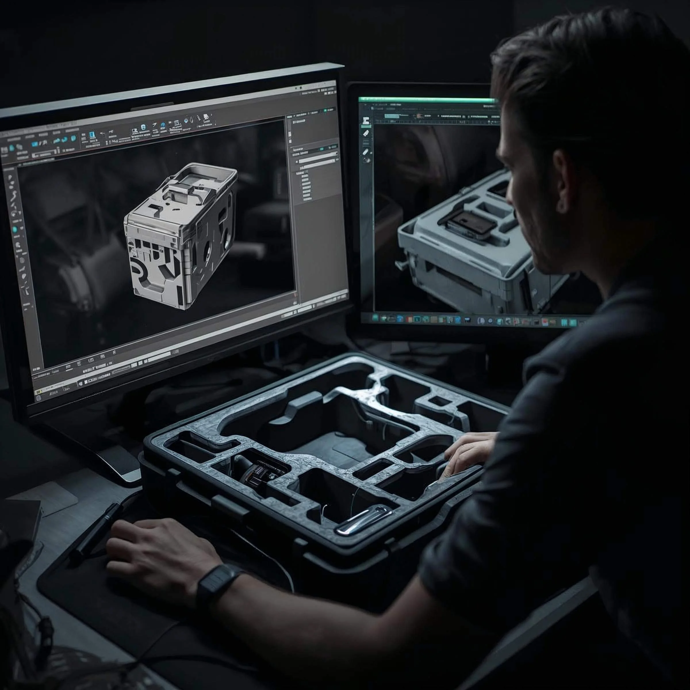 person designing a custom case using modelling software basing the design on one he has on the desk in front of him