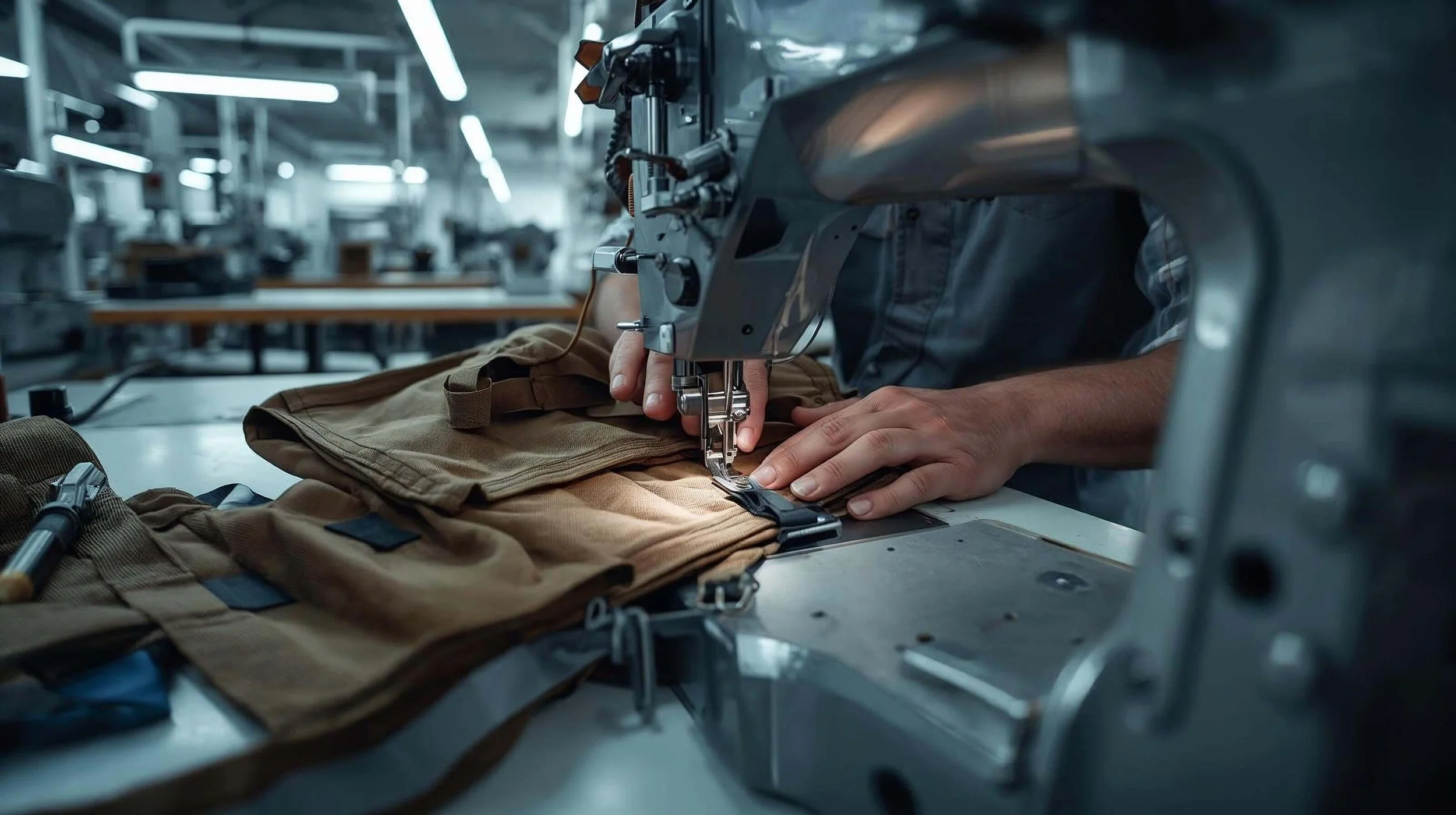 an image of a factory worker stitching together the cloth for a bag inside a warehouse