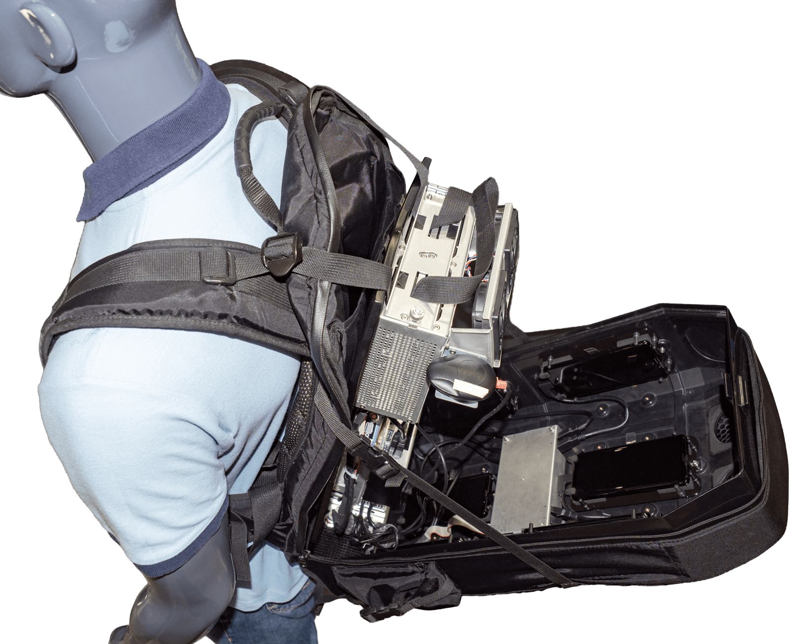 an image of a custom fitting bag loaded onto a persons bag which houses a piece of hi-tech equipment