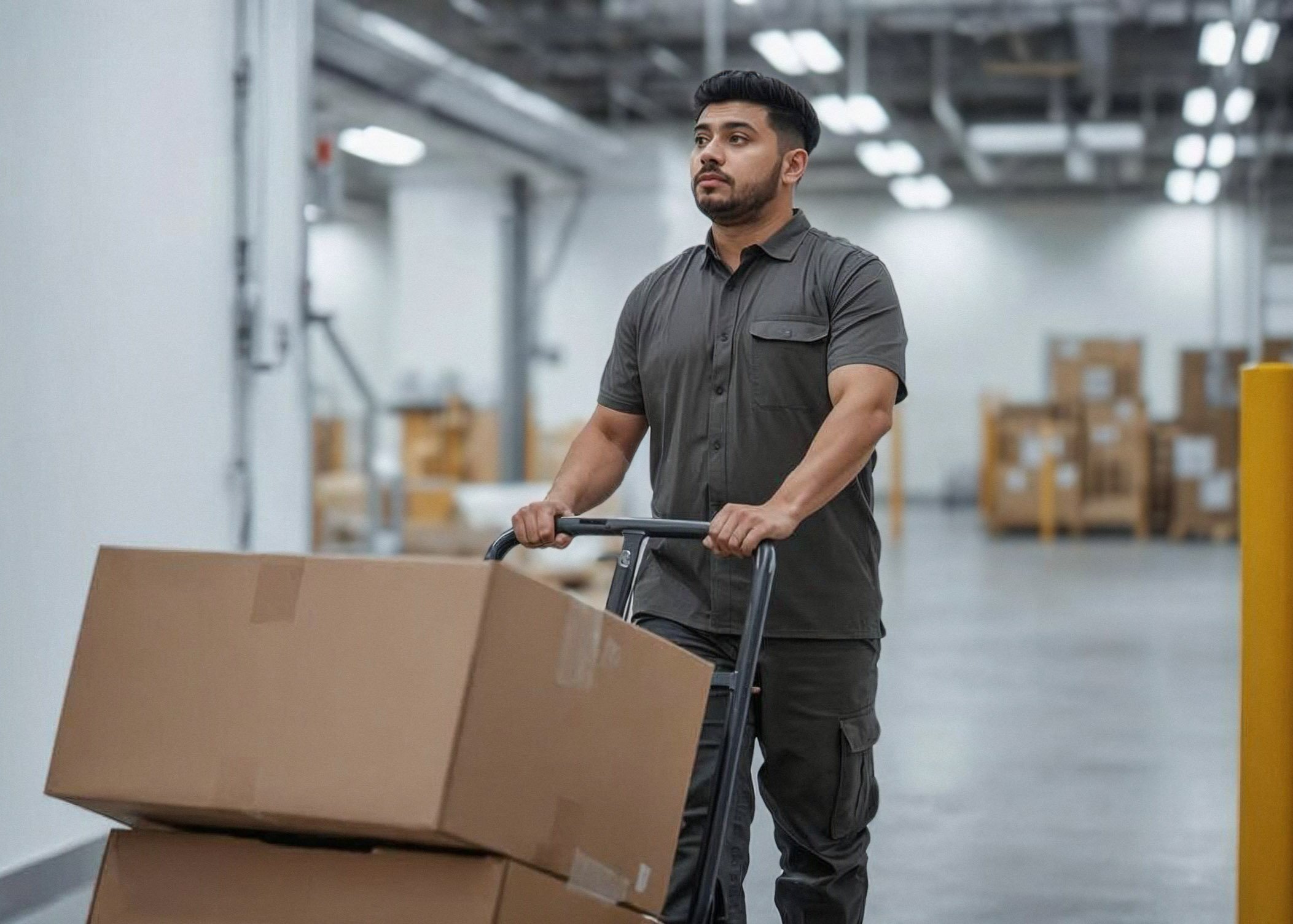A man pushing a hand truck carrying cardboard boxes in a warehouse.