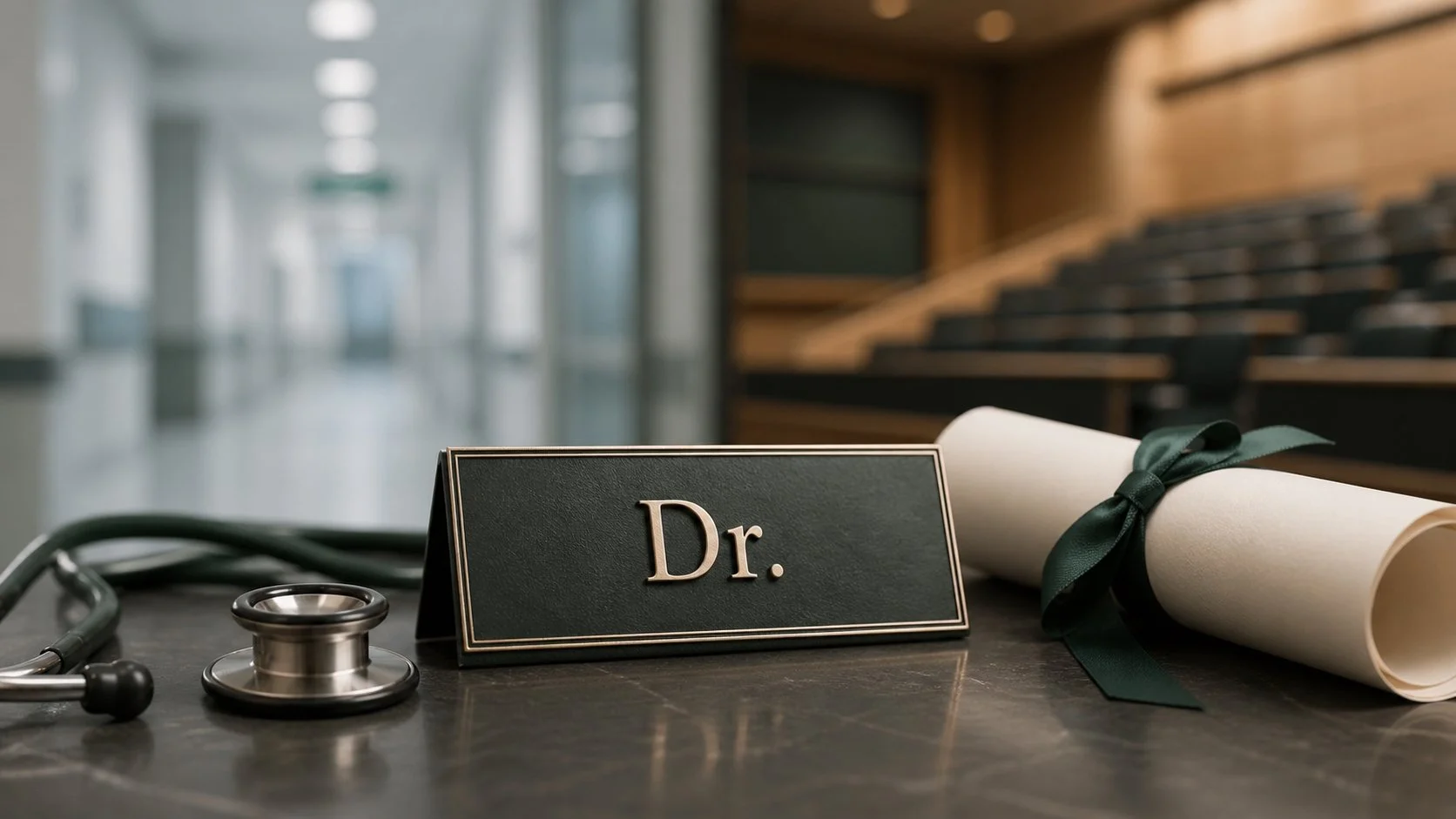 A desk with a nameplate labeled 'Dr.', a stethoscope, and a diploma tied with a green ribbon in a modern, empty lecture hall or conference room.