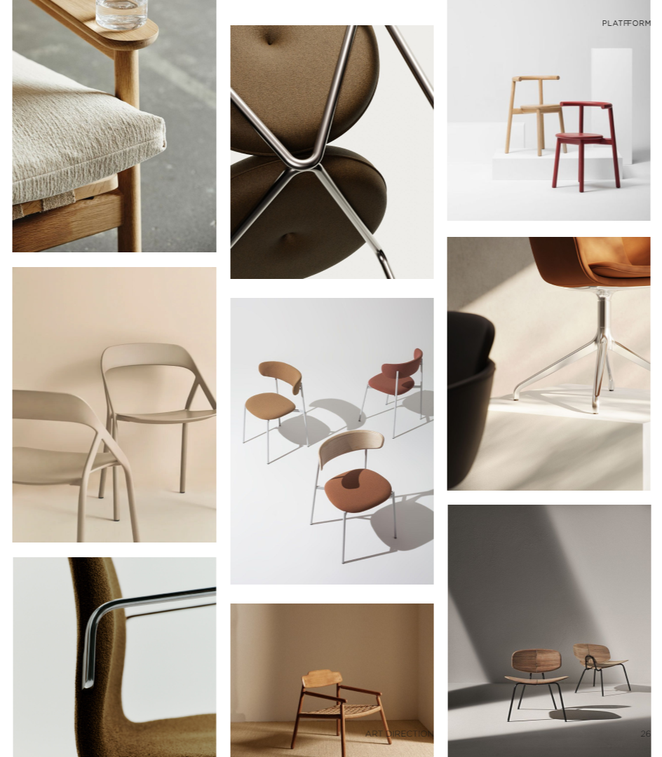 Collage of modern chairs and furniture with minimalistic and contemporary design.