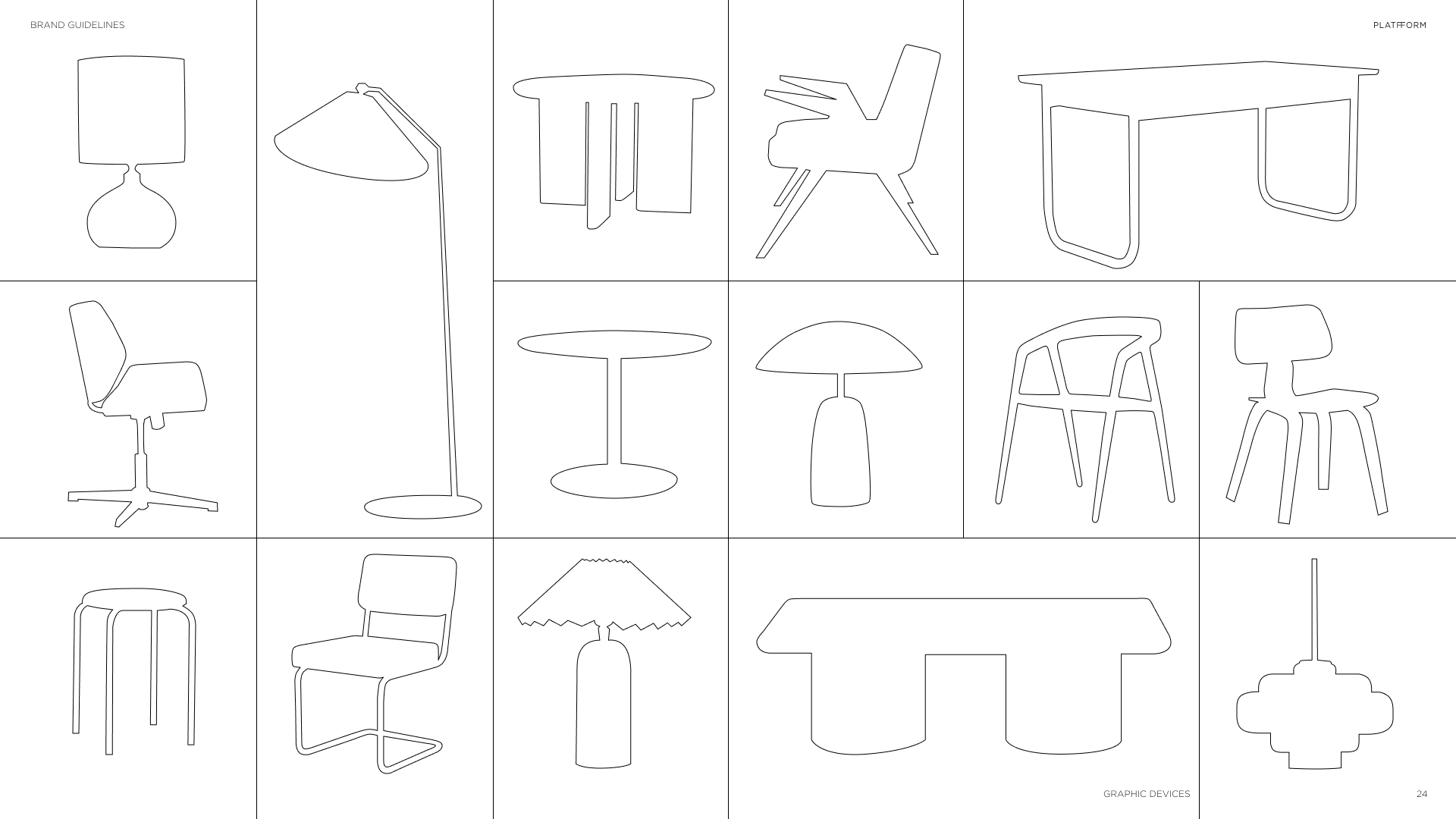 Line drawings of various furniture items including a table lamp, desk lamp, dining table, chair, side table, floor lamp, and stool, arranged in a grid.
