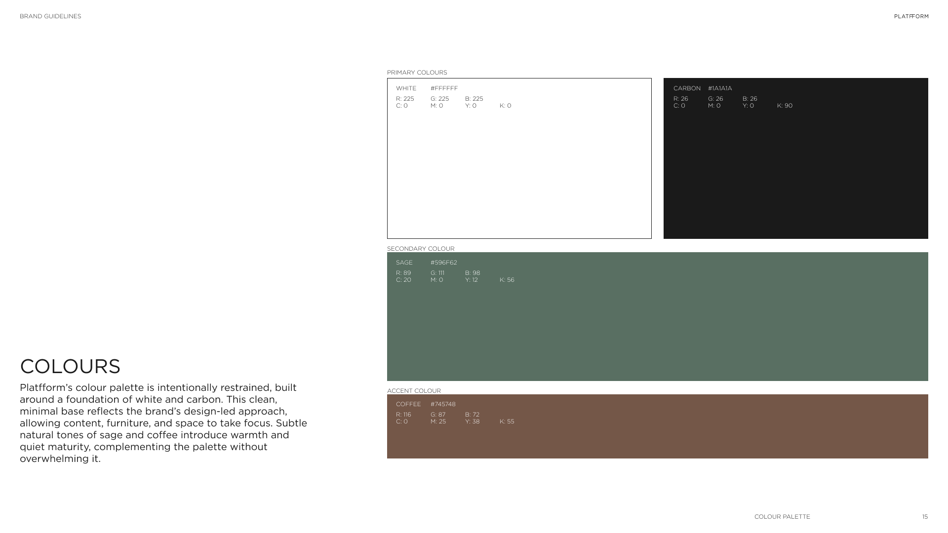 A color palette guide for a brand, featuring primary colors white and black, a secondary color sage green, an accent color coffee brown, and descriptive text about the color scheme.
