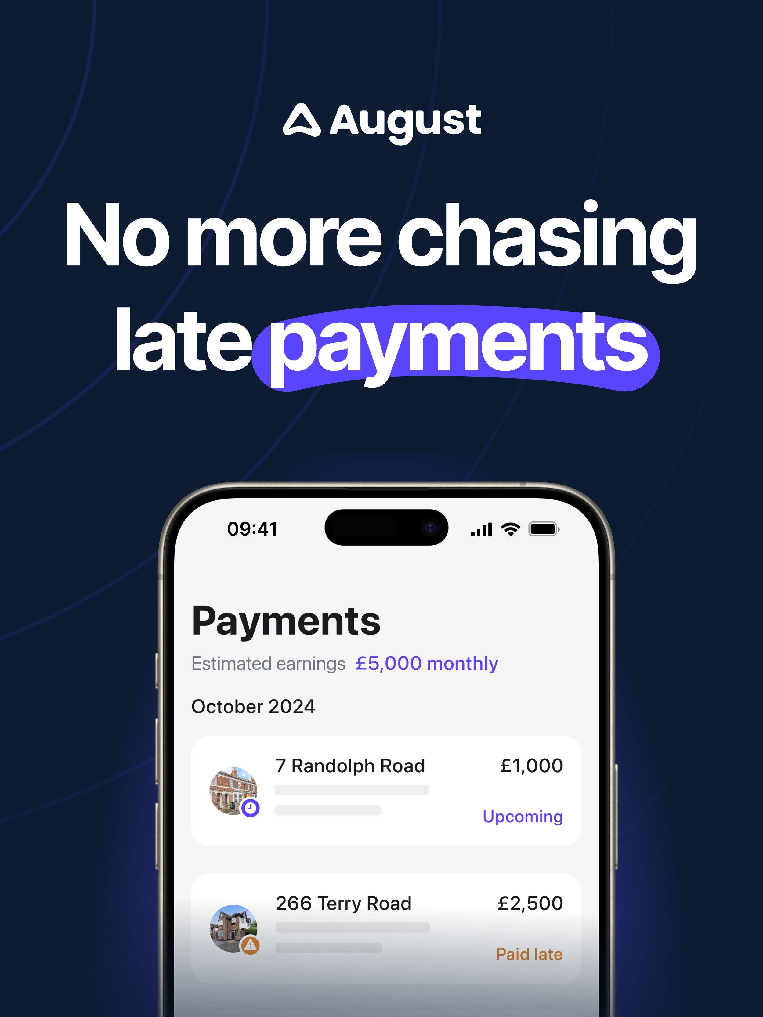 A smartphone displaying an app with a list of property payments. The screen shows estimated earnings of £5,000 monthly, with properties located at 7 Randolph Road and 266 Terry Road. The property at 266 Terry Road has an orange warning icon indicating it paid late.
