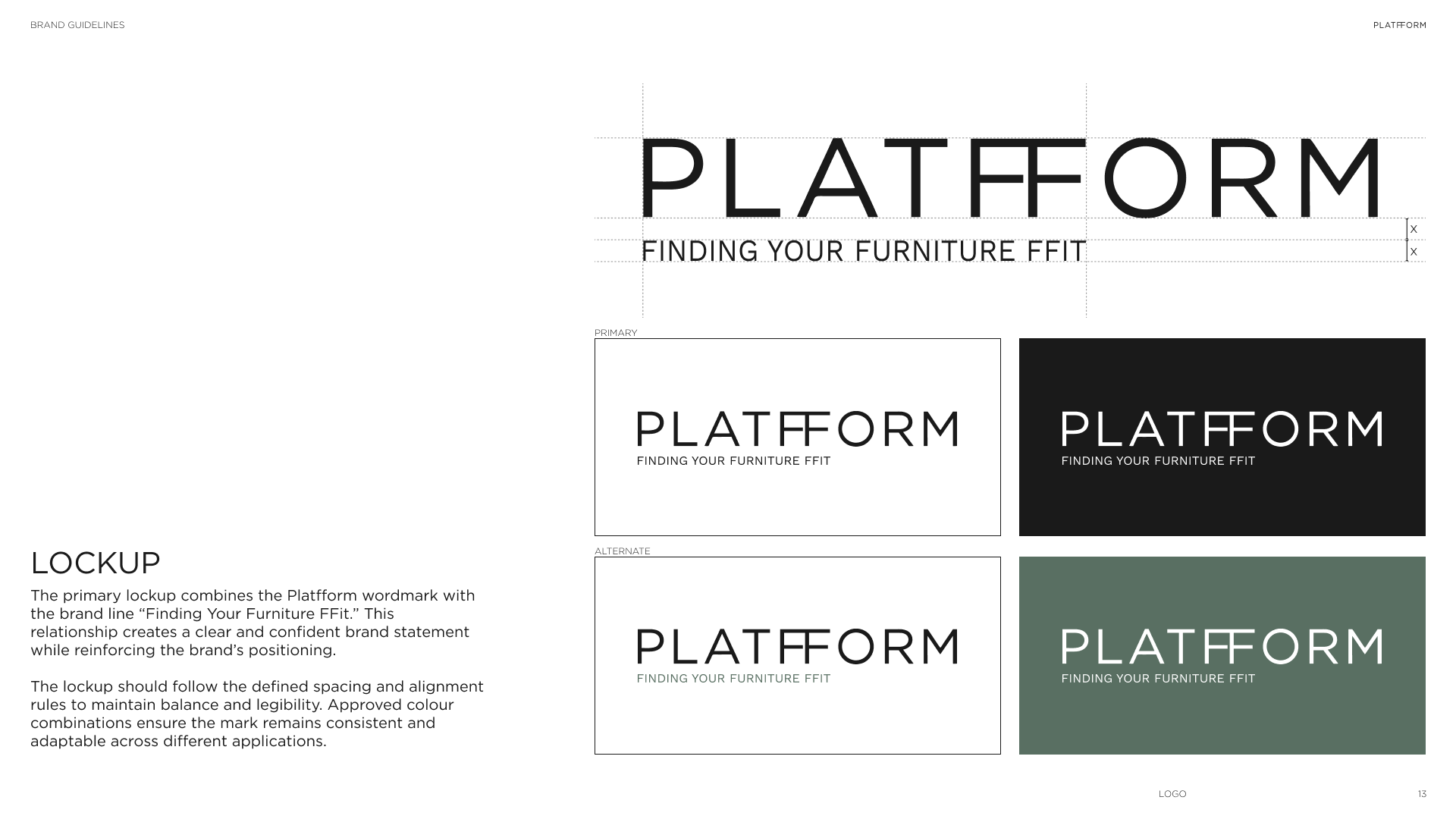 A design guide showing how to combine the brand wordmark 'Platform' with the tagline 'Finding Your Furniture Fit' in various layouts and color schemes for branding purposes.