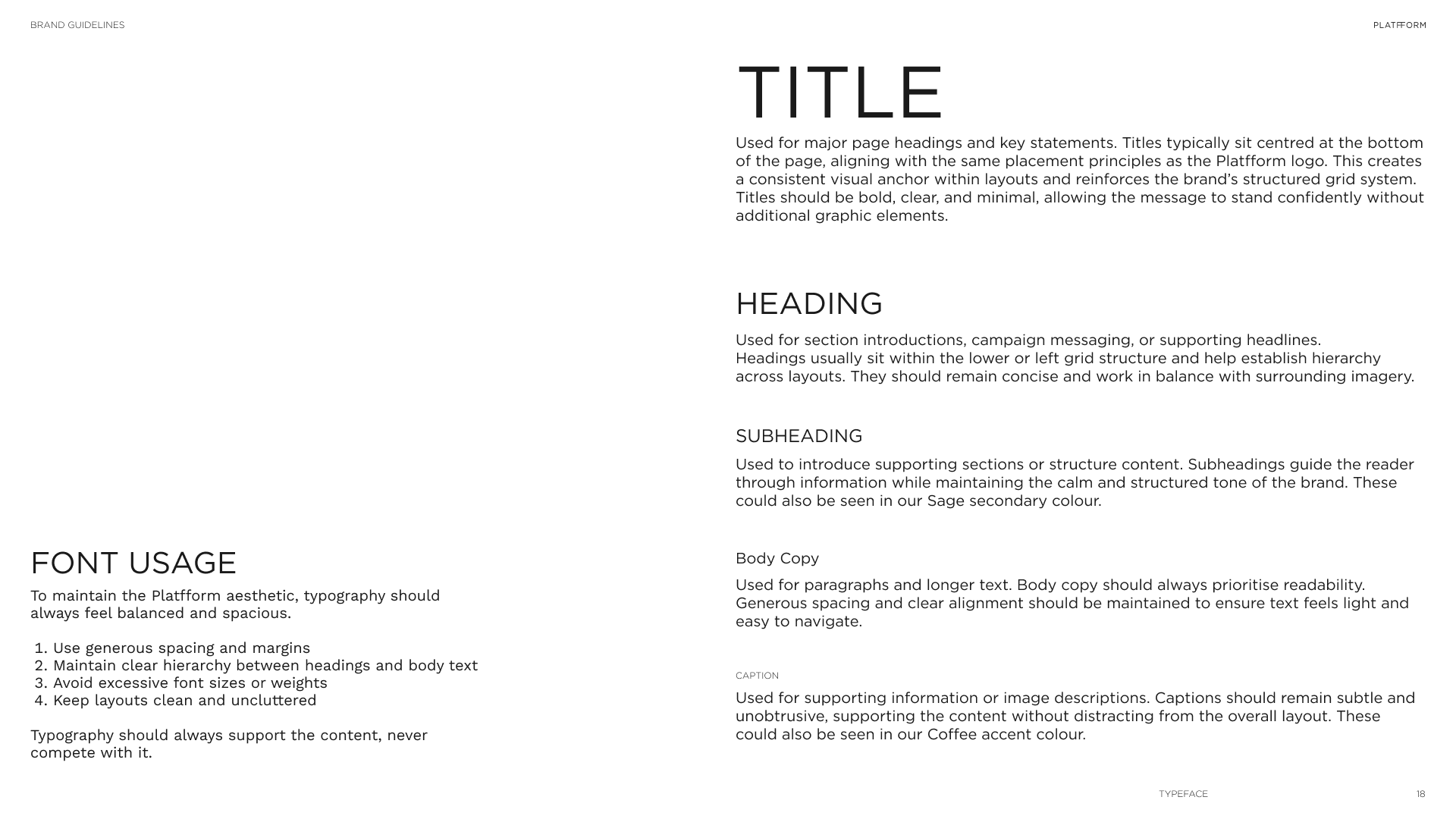A page of brand guidelines with headings for title, heading, subheading, body copy, caption, and font usage, including instructions for layout, typography, and structure.