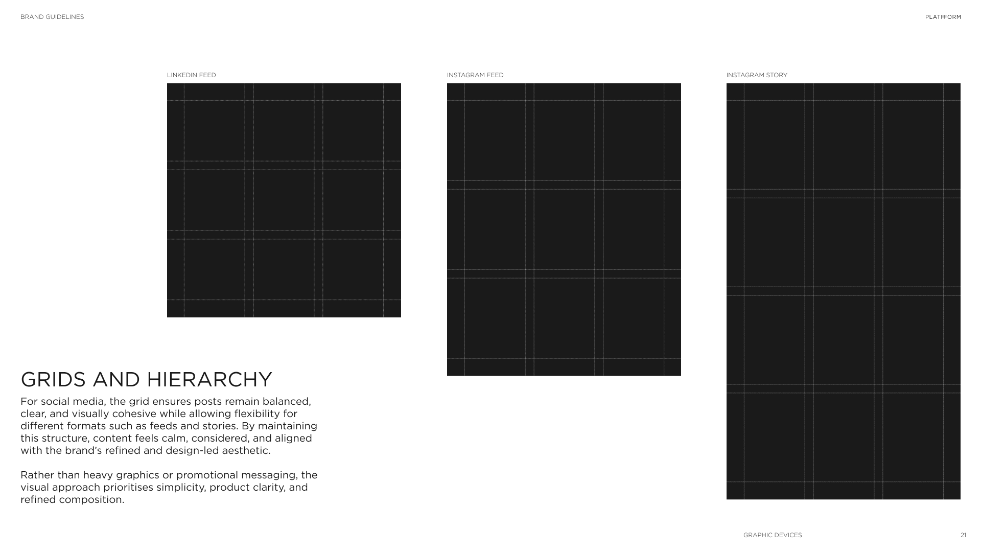 A digital design guideline document showing grid layout templates for social media posts, including LinkedIn feed, Instagram feed, and Instagram story.
