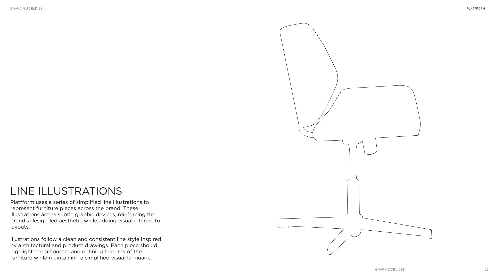 Line illustration of an office chair with a high backrest and five-point base.