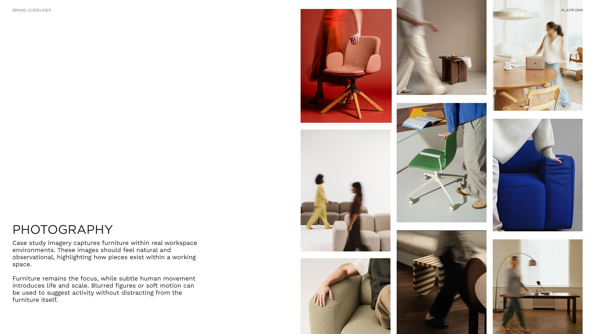 Collage of images showing various modern office and workspace furniture, including chairs, sofas, and tables, with people interacting in a professional environment.