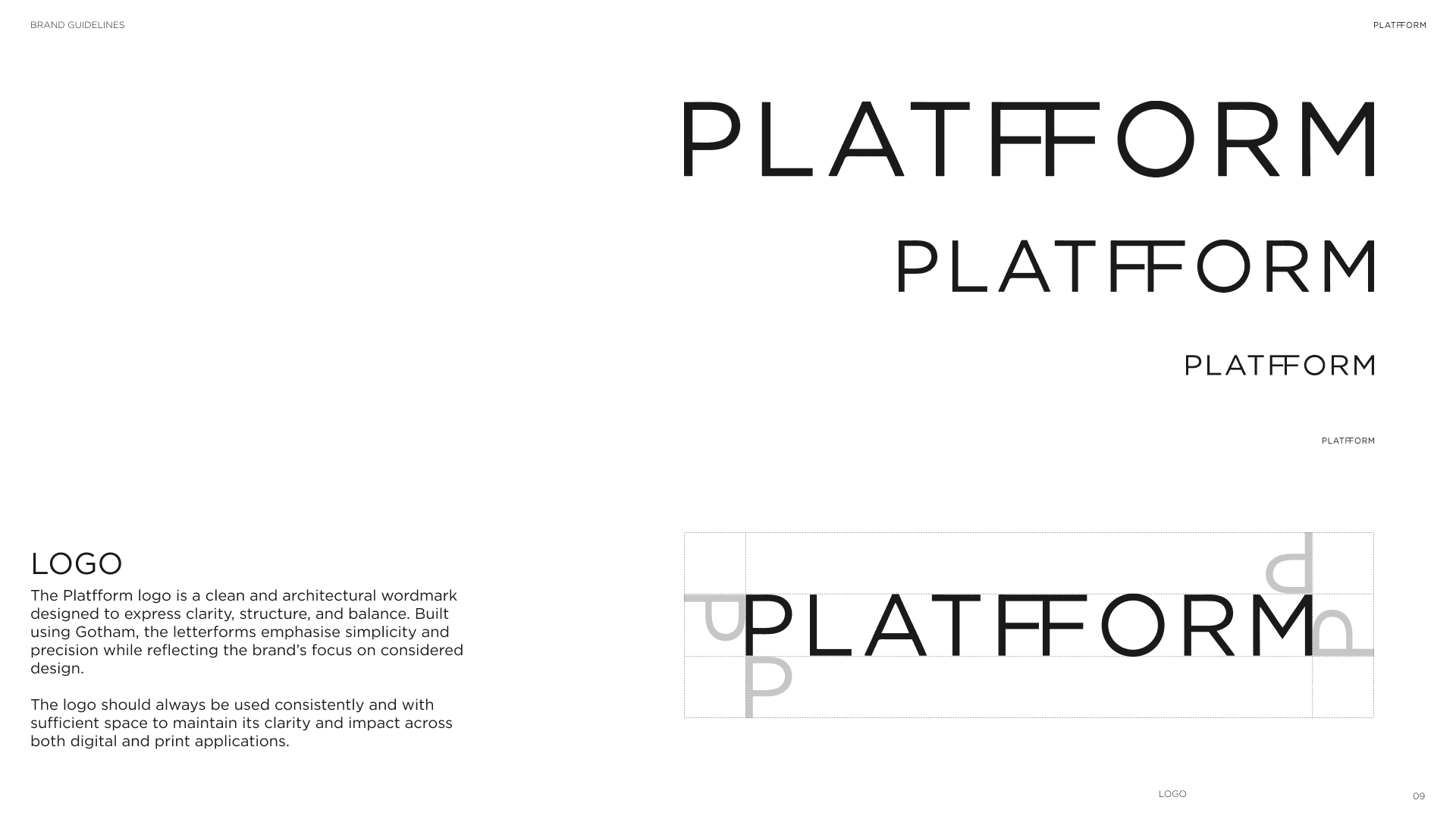 Brand guidelines document with the word 'PLATFORM' repeated in different sizes and orientations, including sections explaining the logo's design and usage.