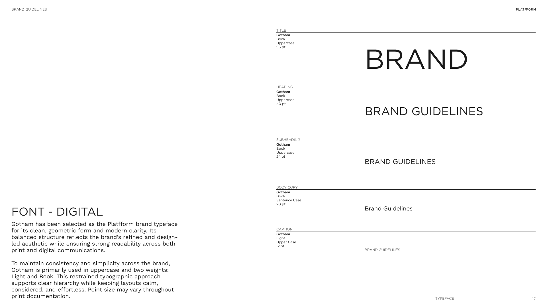 A digital font guide page showing the Gotham typeface style, including usage for book titles, headings, subheadings, and body copy, with details on font size and case, accompanied by descriptive text about the font's design and appropriate uses.