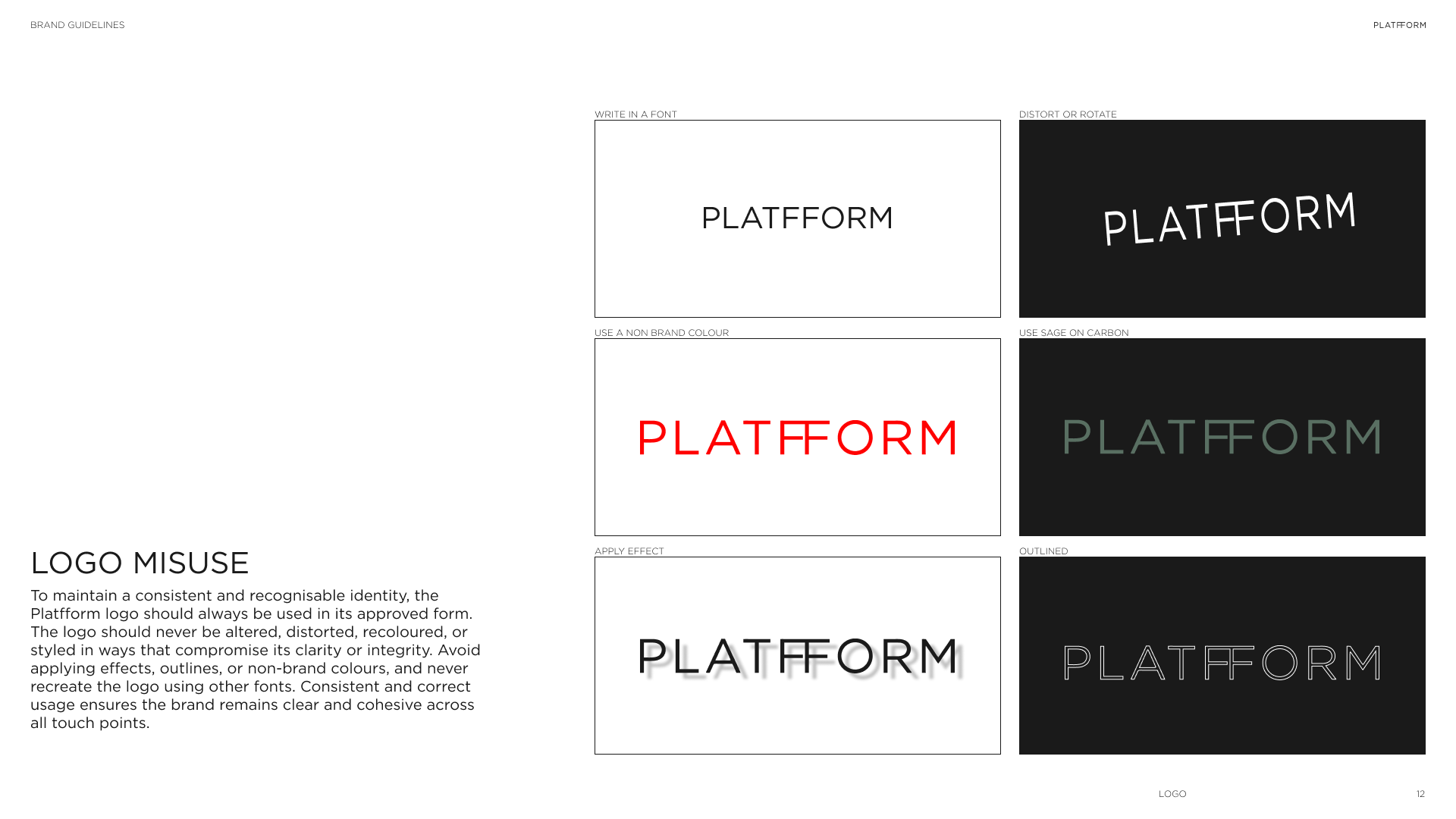 A design guideline page showing different styles of the word "PLATFORM" in various fonts, colors, and effects, arranged in a grid on a white background.