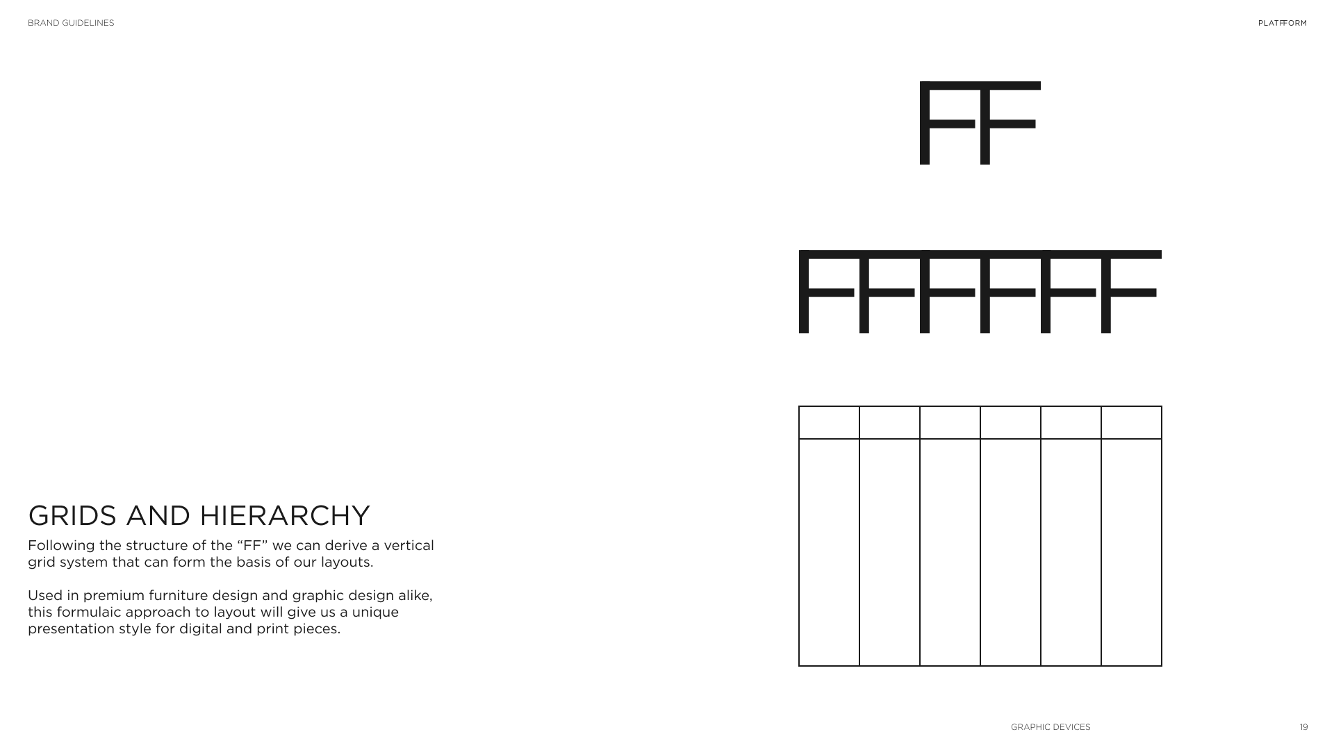 A page from a branding guideline document titled "GRIDS AND HIERARCHY" explaining the structure of the "FF" logo and how to create a vertical grid system for layout design.