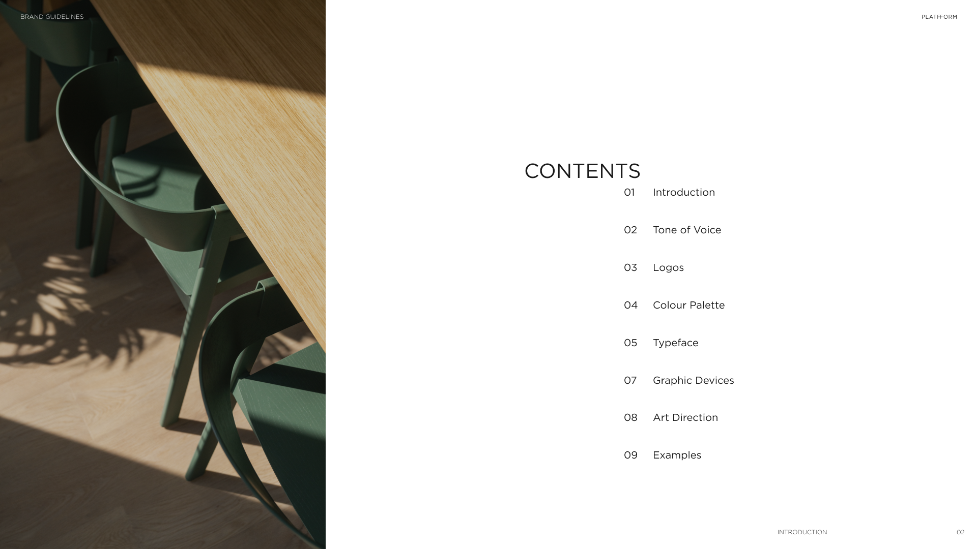 Table of contents page with a minimalist design, listing topics like Introduction, Tone of Voice, Logos, Color Palette, Typeface, Graphic Devices, Art Direction, and Examples, alongside an image of a wooden table and green chairs partially illuminated by sunlight.
