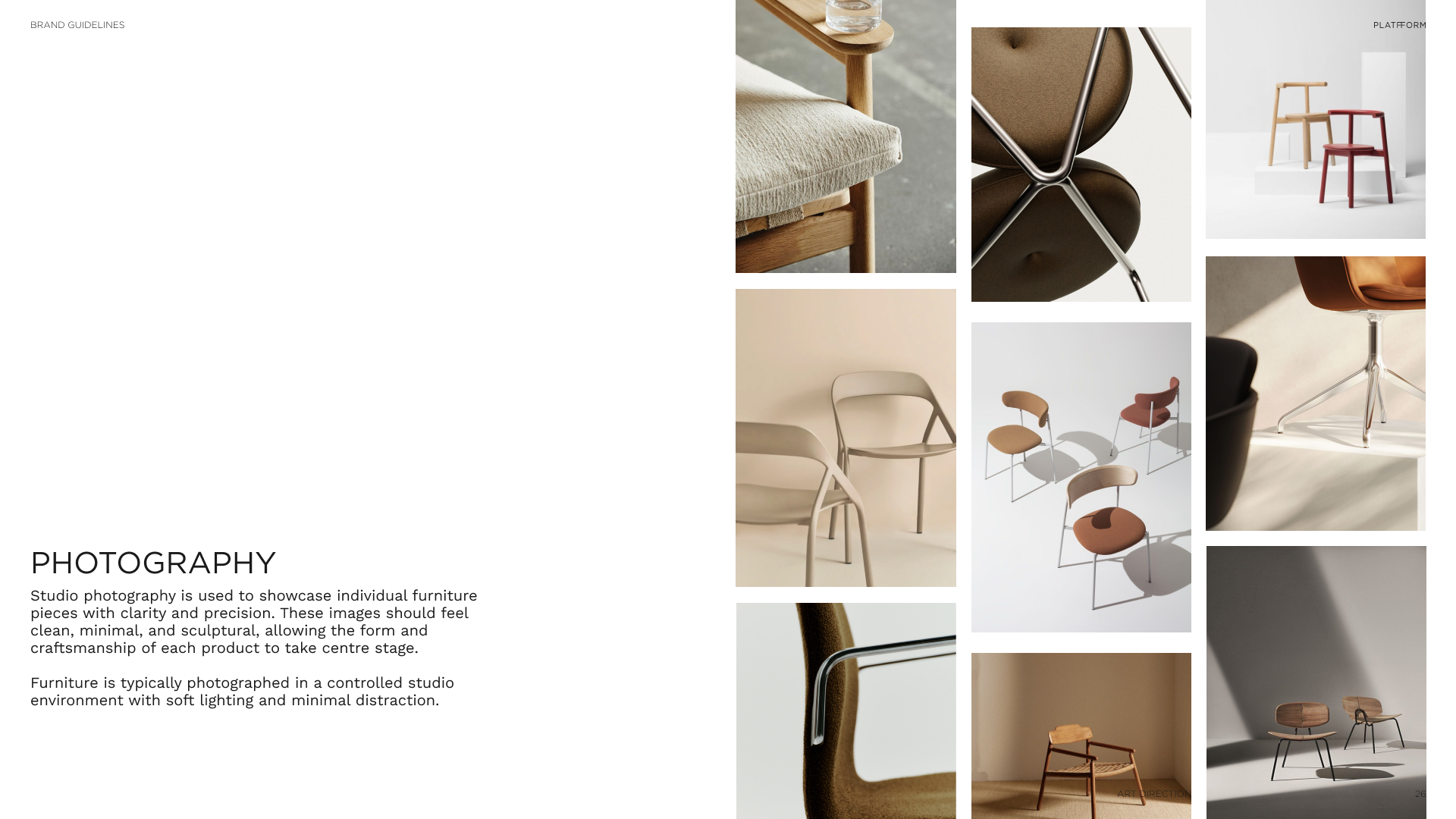 Collage of minimalist furniture including chairs and stools with neutral tones and clean designs