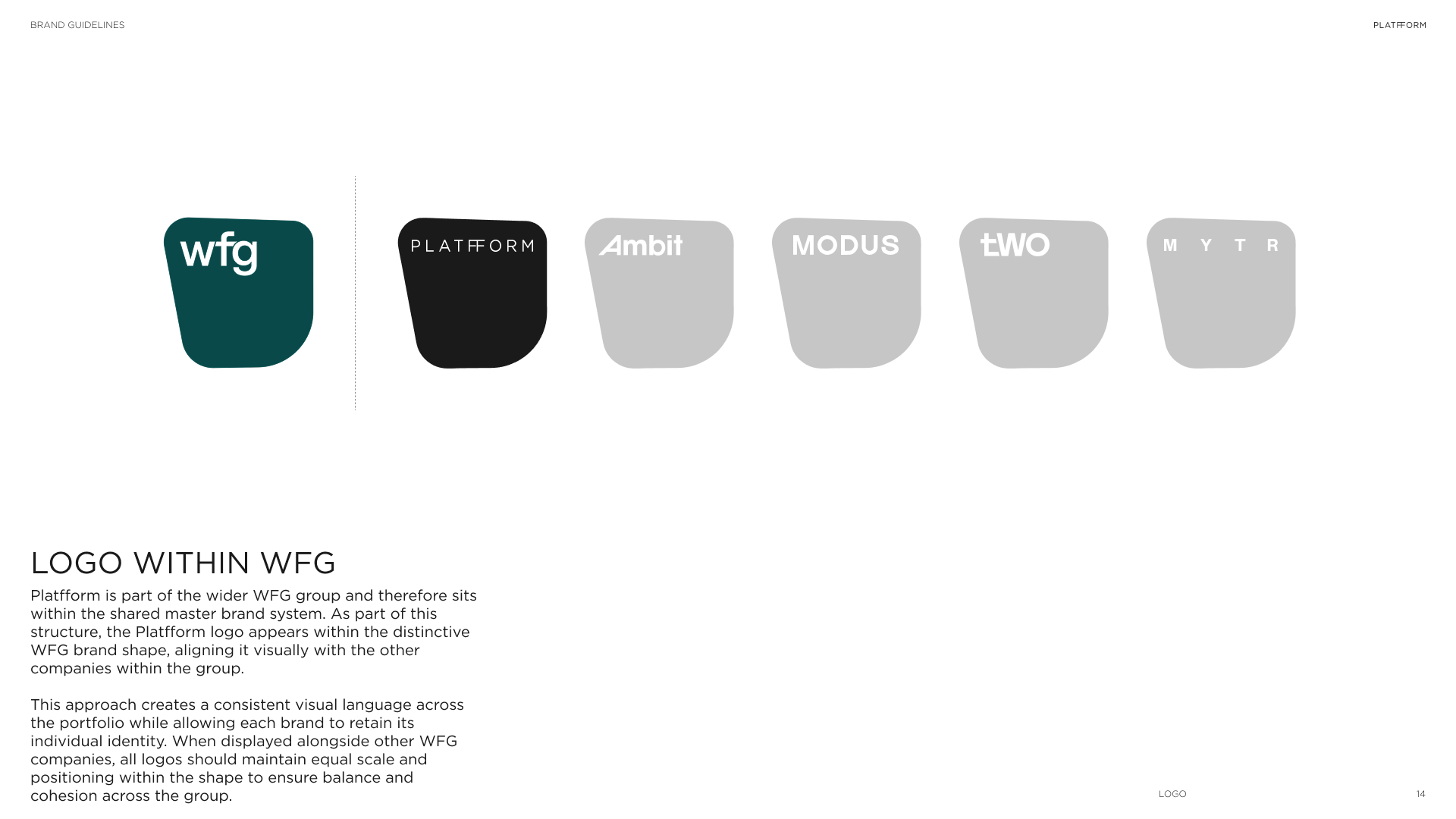 Slide displaying WFG brand guidelines with a focus on the 'Platform' logo, which is part of the WFG group. The logo appears within a distinctive shape and is shown in different style treatments with accompanying explanatory text.