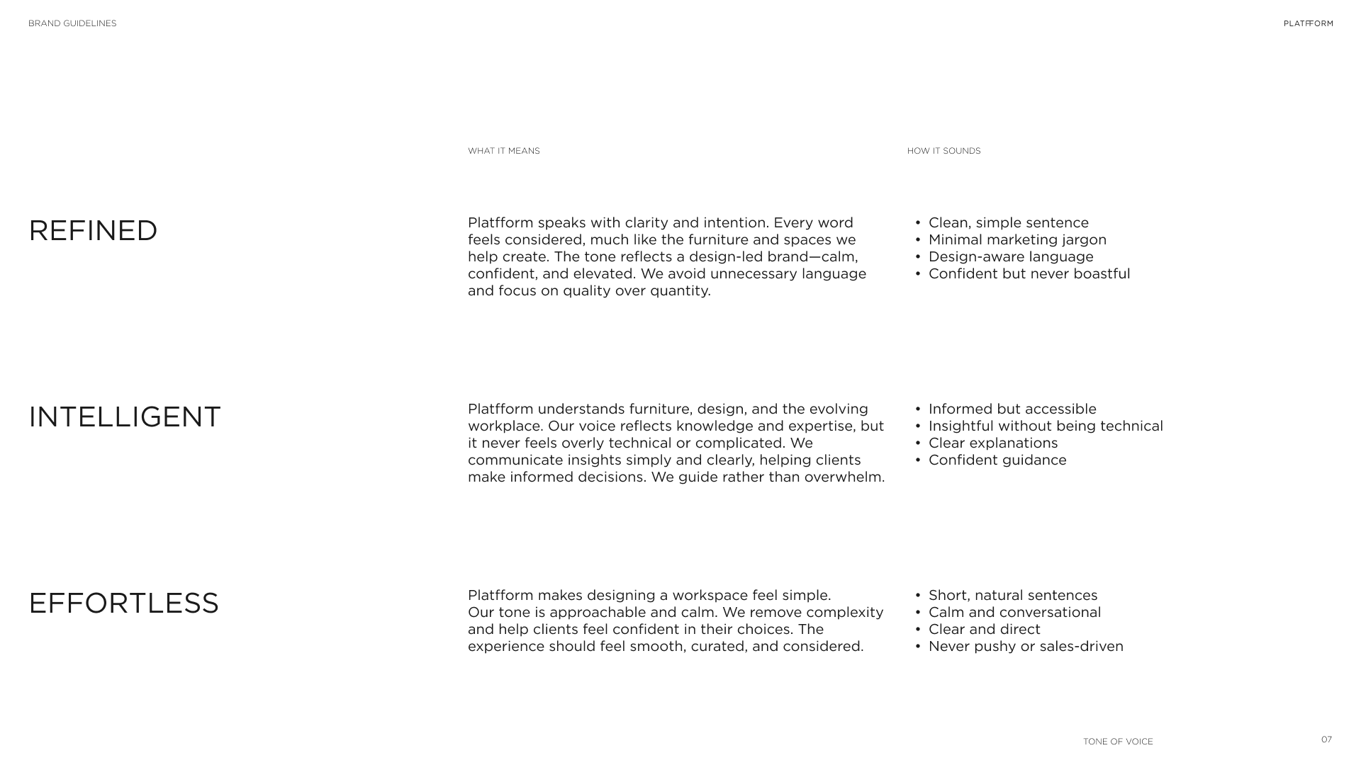 A page from a brand guidelines document with sections titled 'Refined', 'Intelligent', and 'Effortless'. Each section includes a description of its tone and how it sounds.