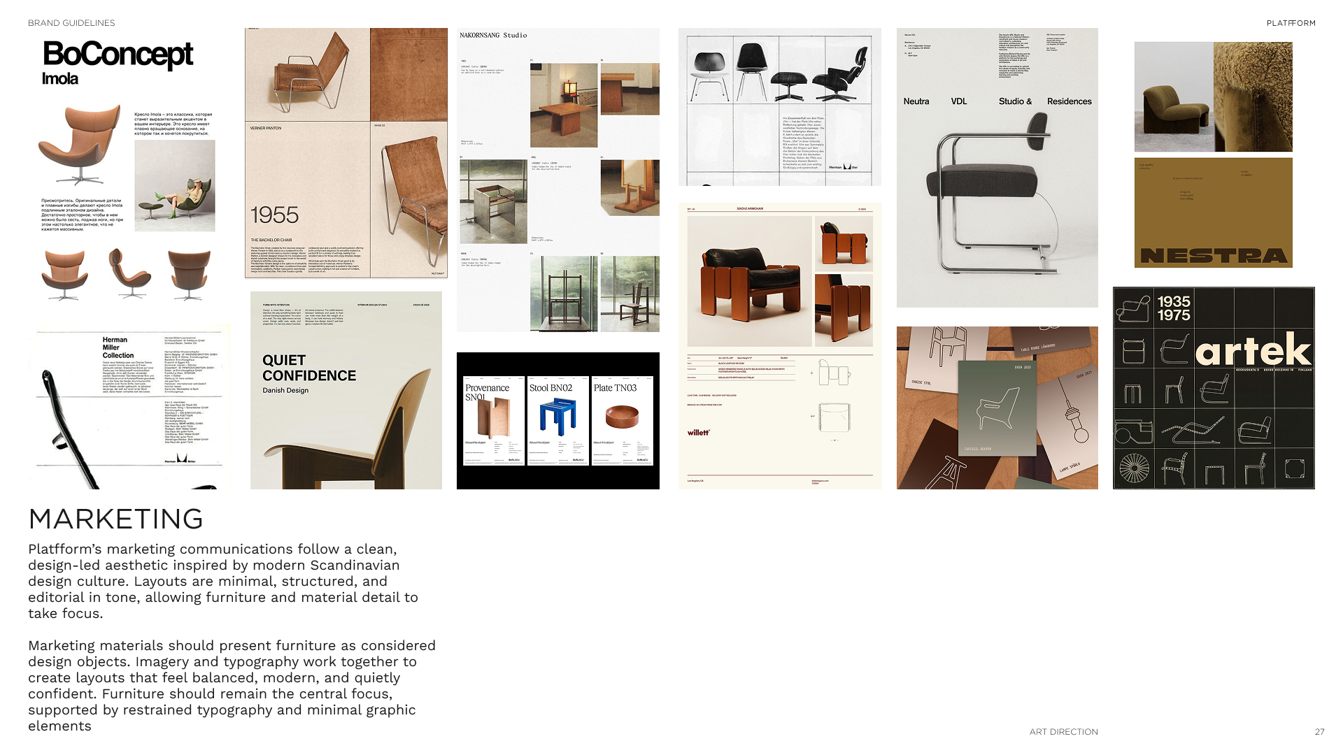 Collage of furniture design images, including chairs, stools, and furniture layouts, with text about Scandinavian modern design and furniture marketing principles.