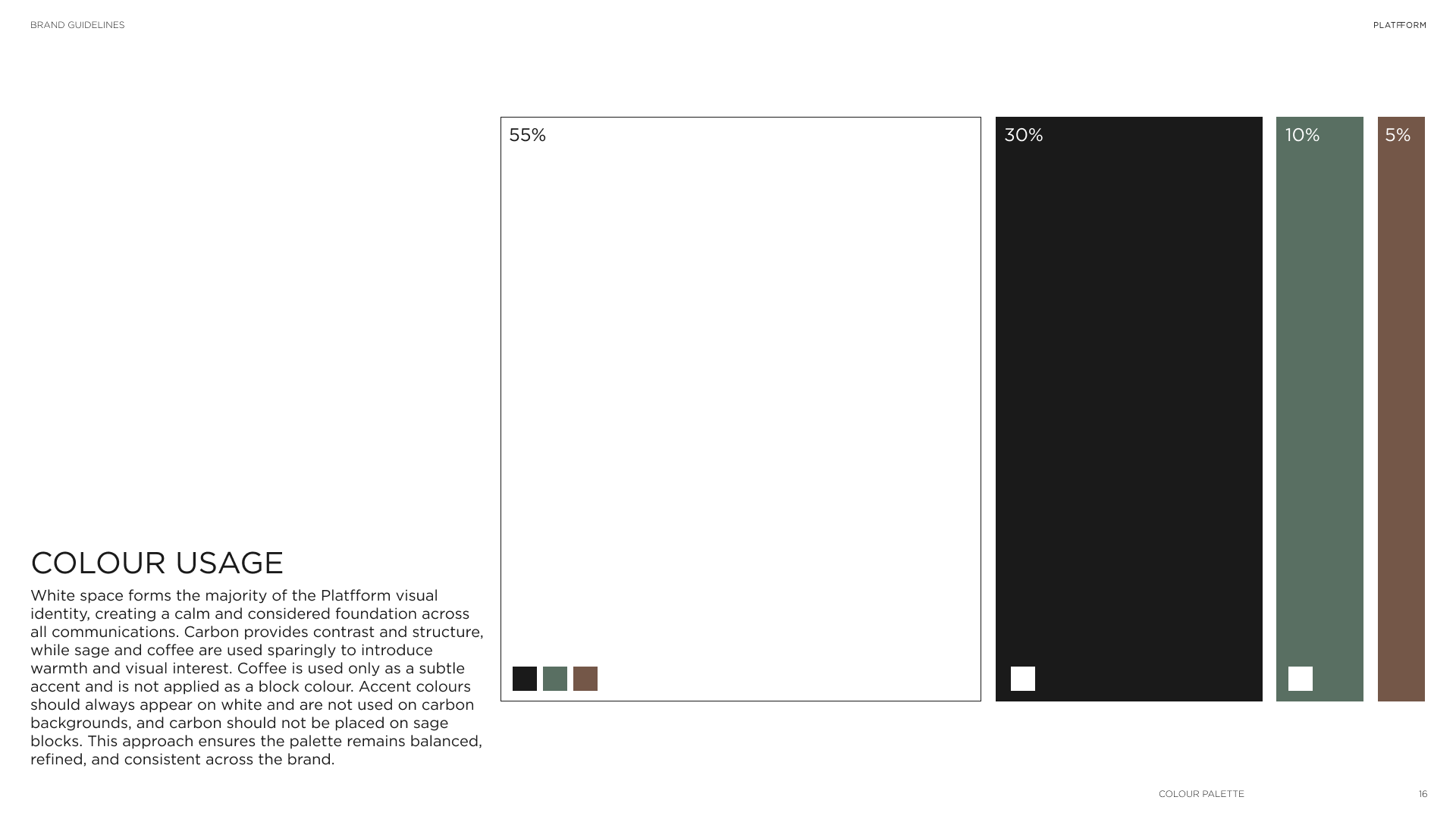 A page from a brand guidelines document explaining color usage and palette. It includes a bar chart showing percentages of color usage, with text describing the importance of white space, contrast, and neutral tones in branding.