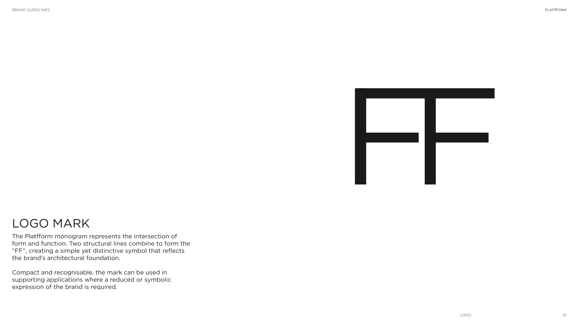A branding guide page showing a black and white logo with the letters 'FF', representing the intersection of form and function, accompanied by descriptive text about the logo's design and usage.