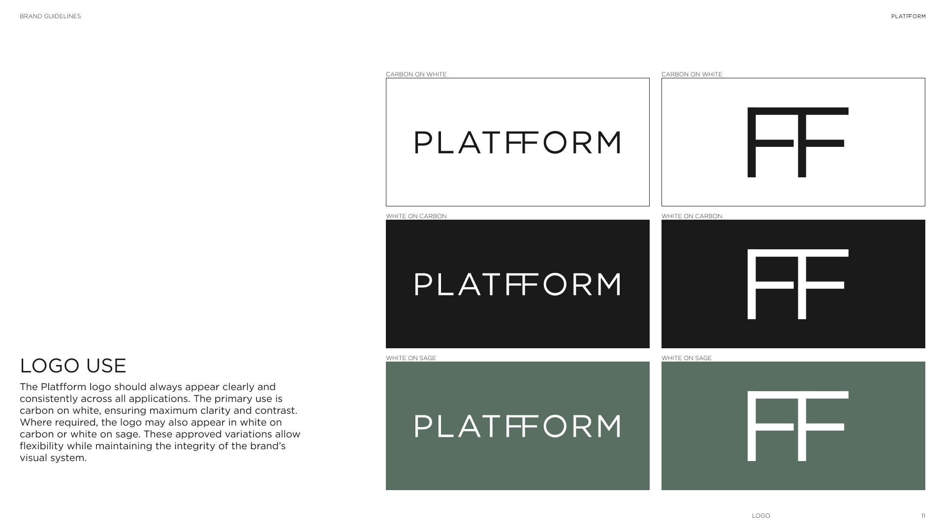 Design guide page showing variations of a brand logo titled 'PLATFORM' in different color backgrounds with instructions on logo use.