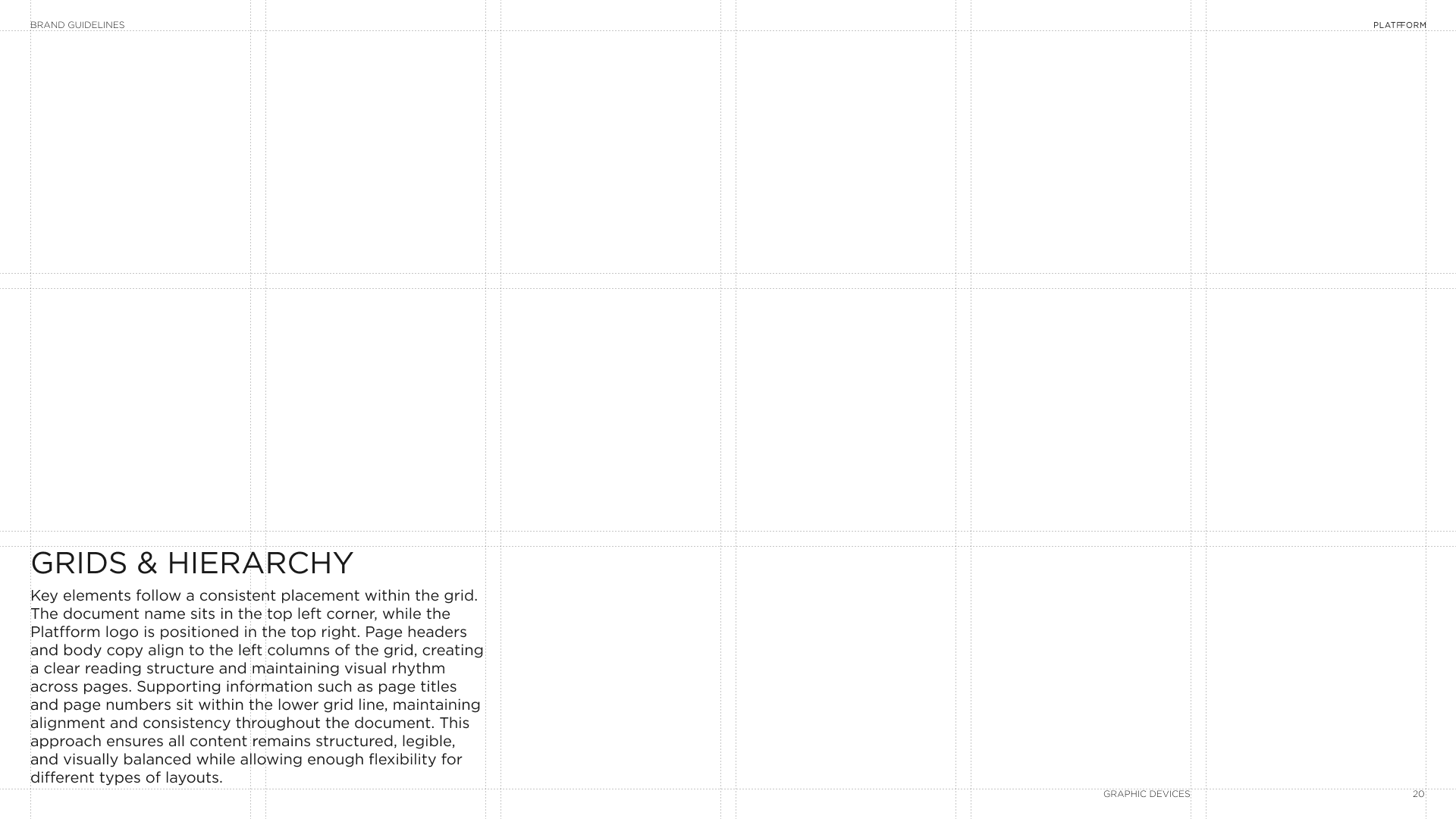 Spreadsheet or design document with guidelines on grid structure and hierarchy, including key elements and page layout instructions.