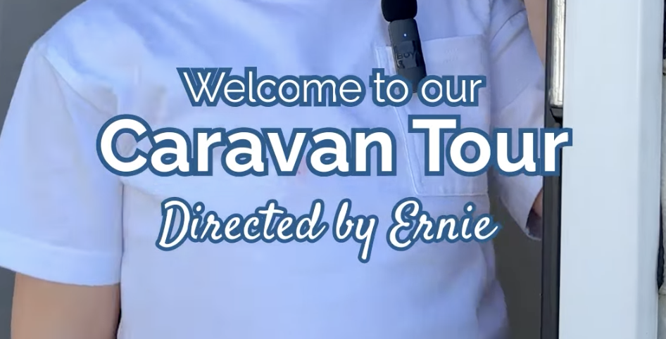 Text overlay on a person in a white shirt that reads, "Welcome to our Caravan Tour Directed by Ernie."