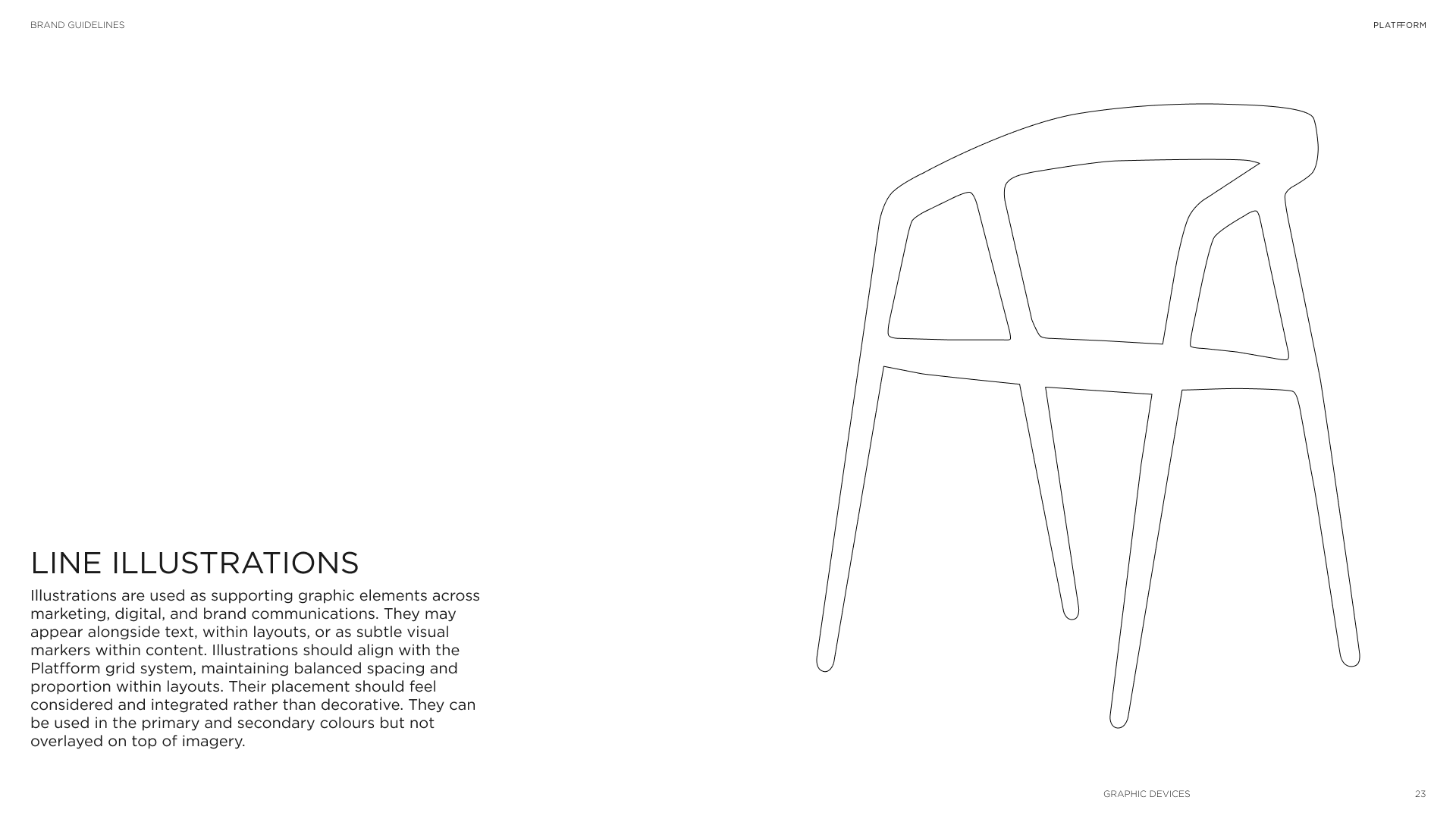 Line illustration of a chair used as a graphic element in branding guidelines, with a minimalist, abstract outline of the chair's structure.