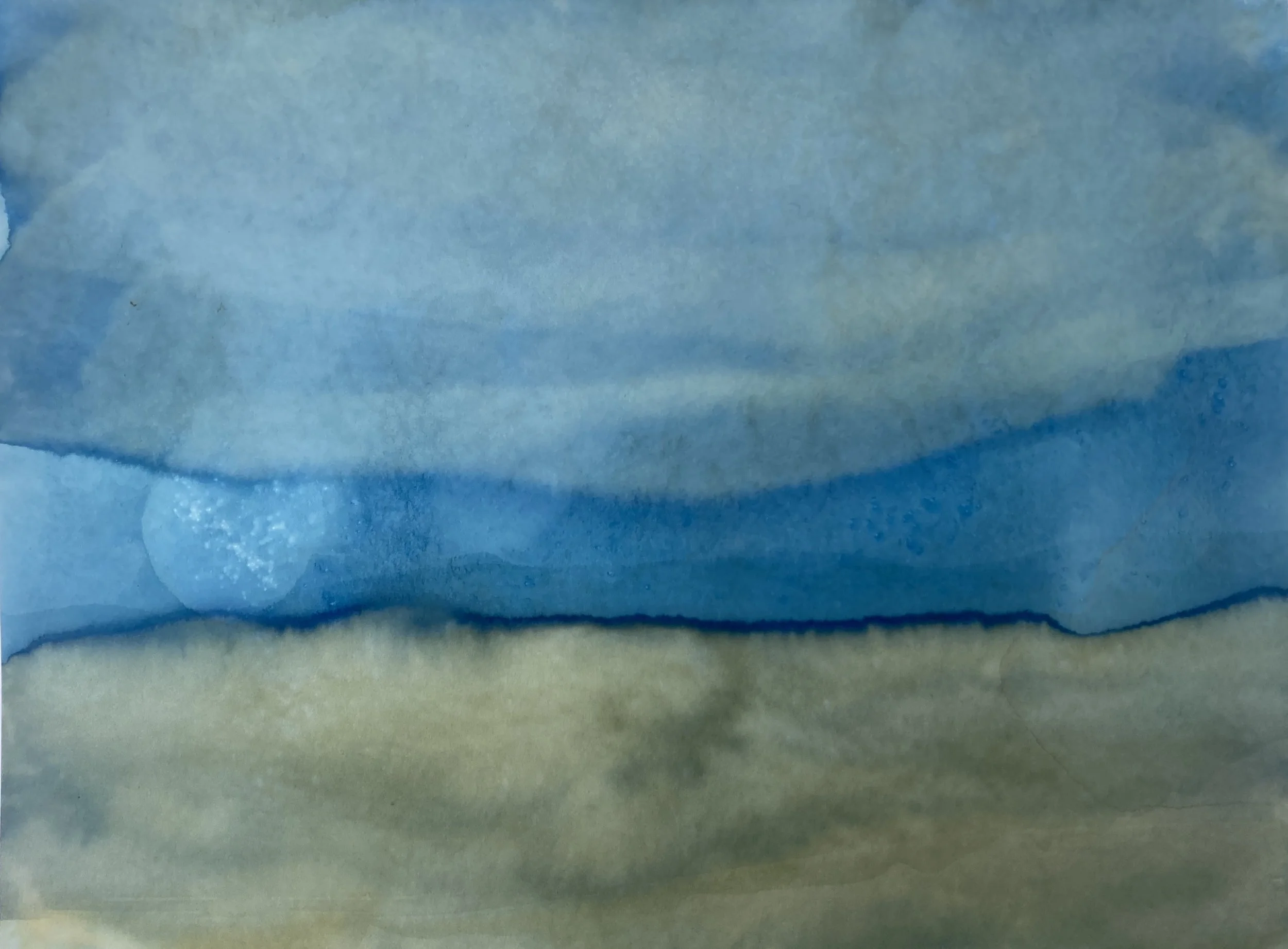 Great Lake 1 Summer (Lake Michigan, North Beach, Racine, Wisconsin) 2025
Cyanotype chemistry, freshwater, sand, sunlight
11"x17" on Hahnemuhle watercolor paper, 300 gsm