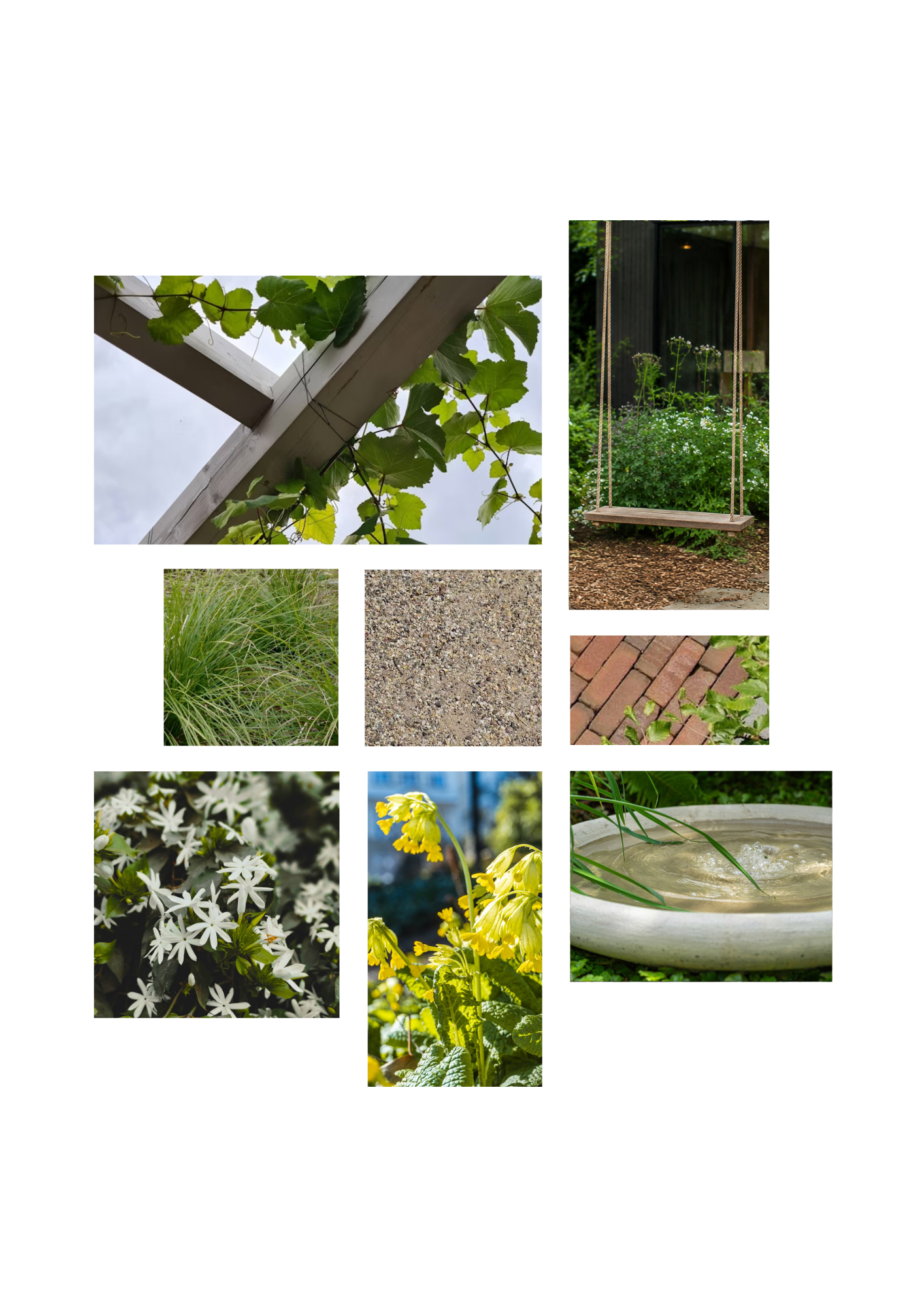 Moodboard van een natuurlijke tuin van Studio Jong Baw, met een klimplant langs een pergola, een houten schommel, klinkers, waaltjes, Achterhoeks padvast, Toscaanse jasmijn, jasminoides, Primula vulgaris, sleutelbloem, fonteinschaal Creastone.